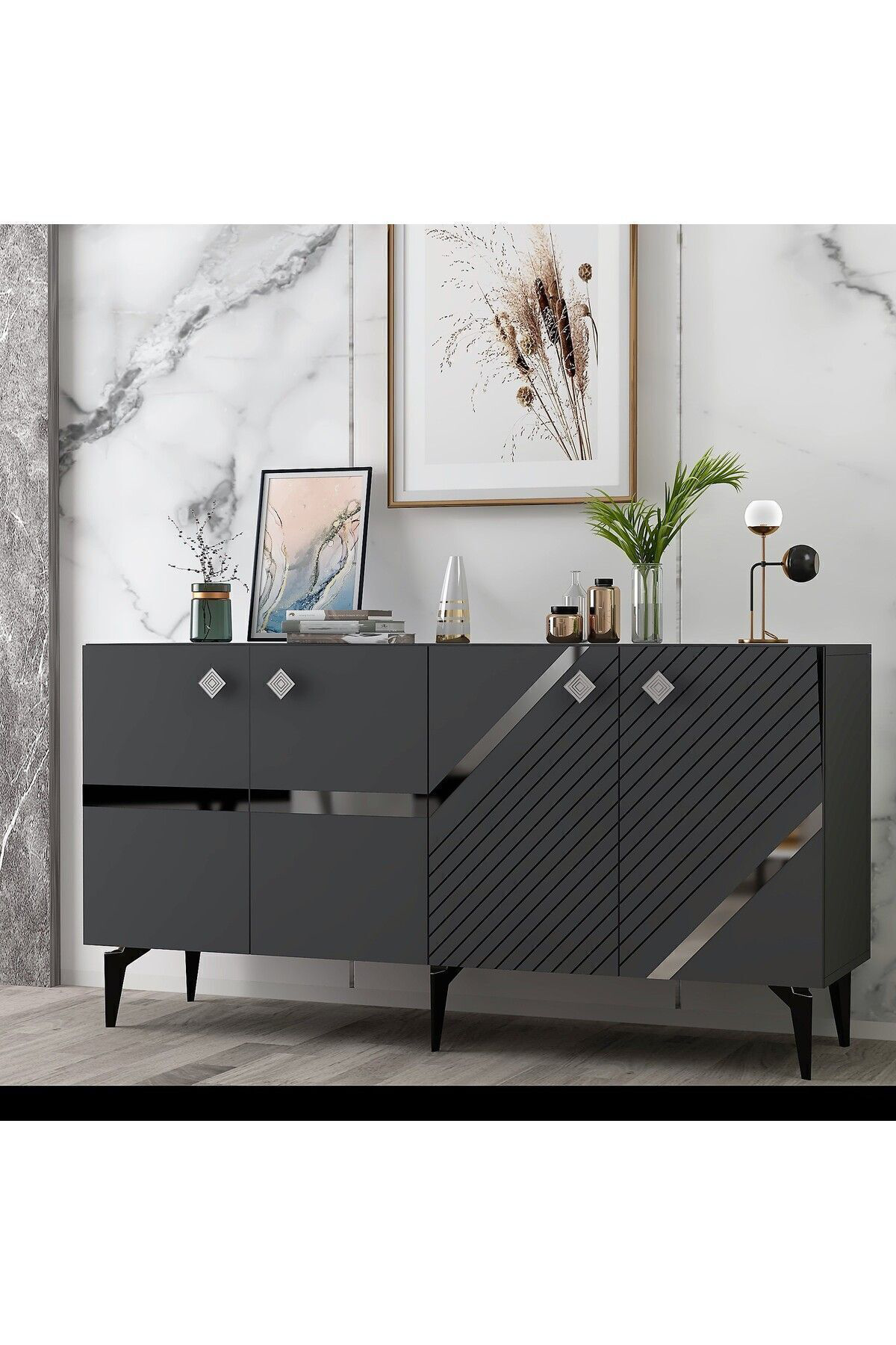 Cantek Dizayn İrris Konsol 4 Kapakli Rafli Antrasit-Gümüş