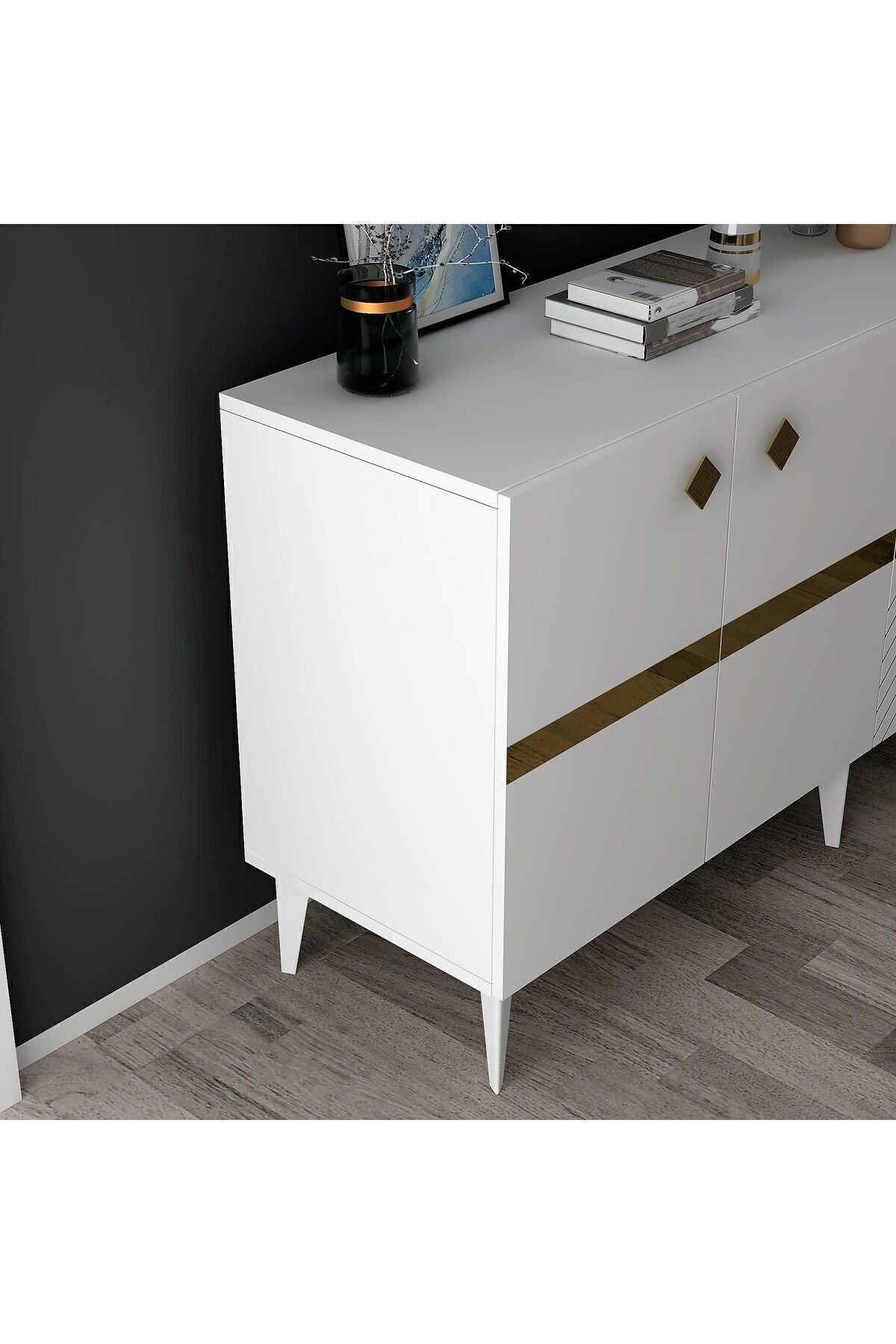 Cantek Dizayn İrris Konsol 4 Kapakli Rafli Beyaz-Altin