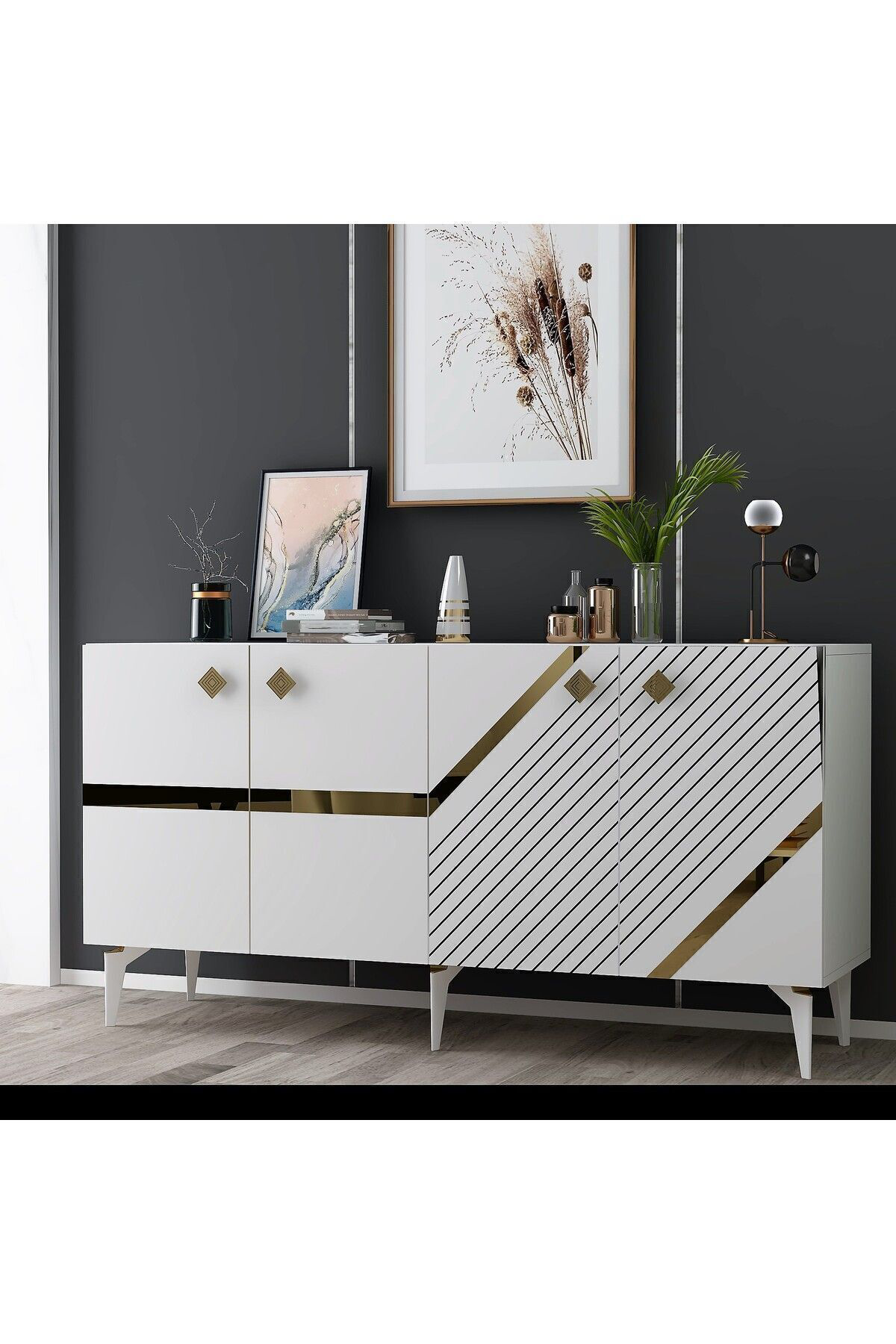 Cantek Dizayn İrris Konsol 4 Kapakli Rafli Beyaz-Altin