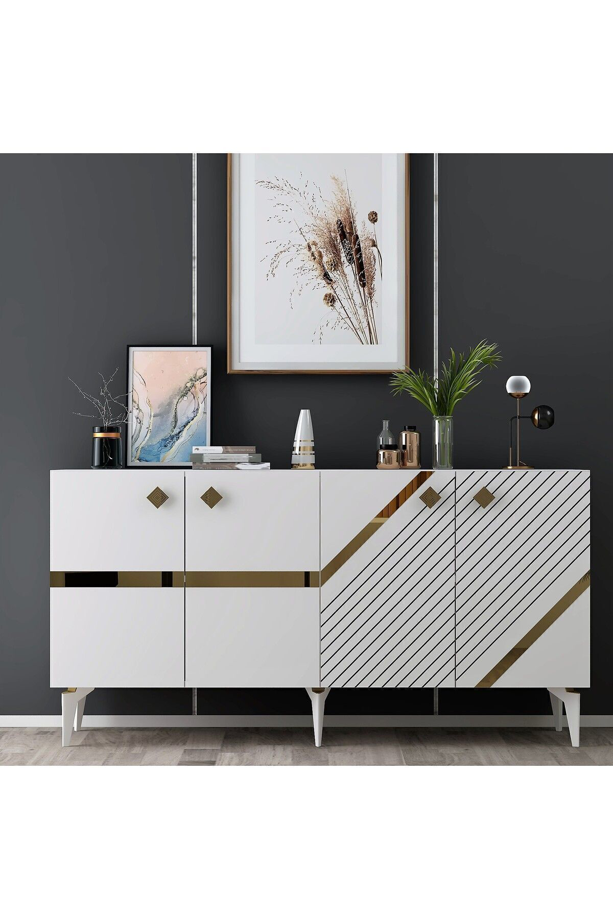 Cantek Dizayn İrris Konsol 4 Kapakli Rafli Beyaz-Altin