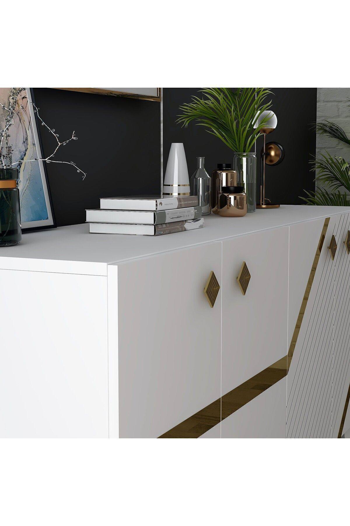 Cantek Dizayn İrris Konsol 4 Kapakli Rafli Beyaz-Altin