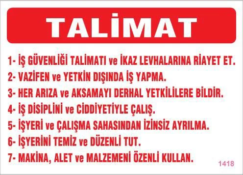 İş Güveliği Talimatları Levhası 25x35 KOD:1418 Fiyatı, Yorumları ve Özellikleri