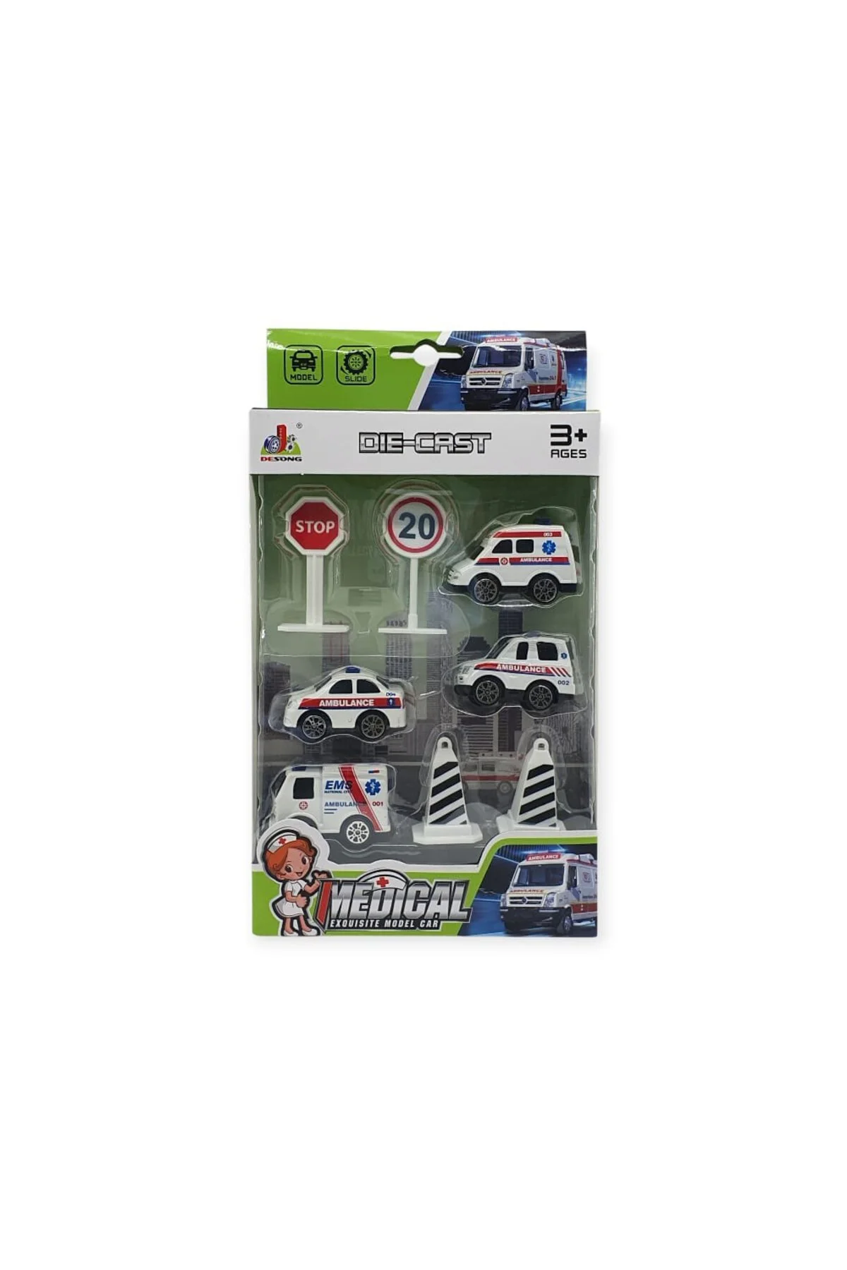 İş Makinaları 8 Parça Araç Seti - Ambulans Seti (Lisinya)