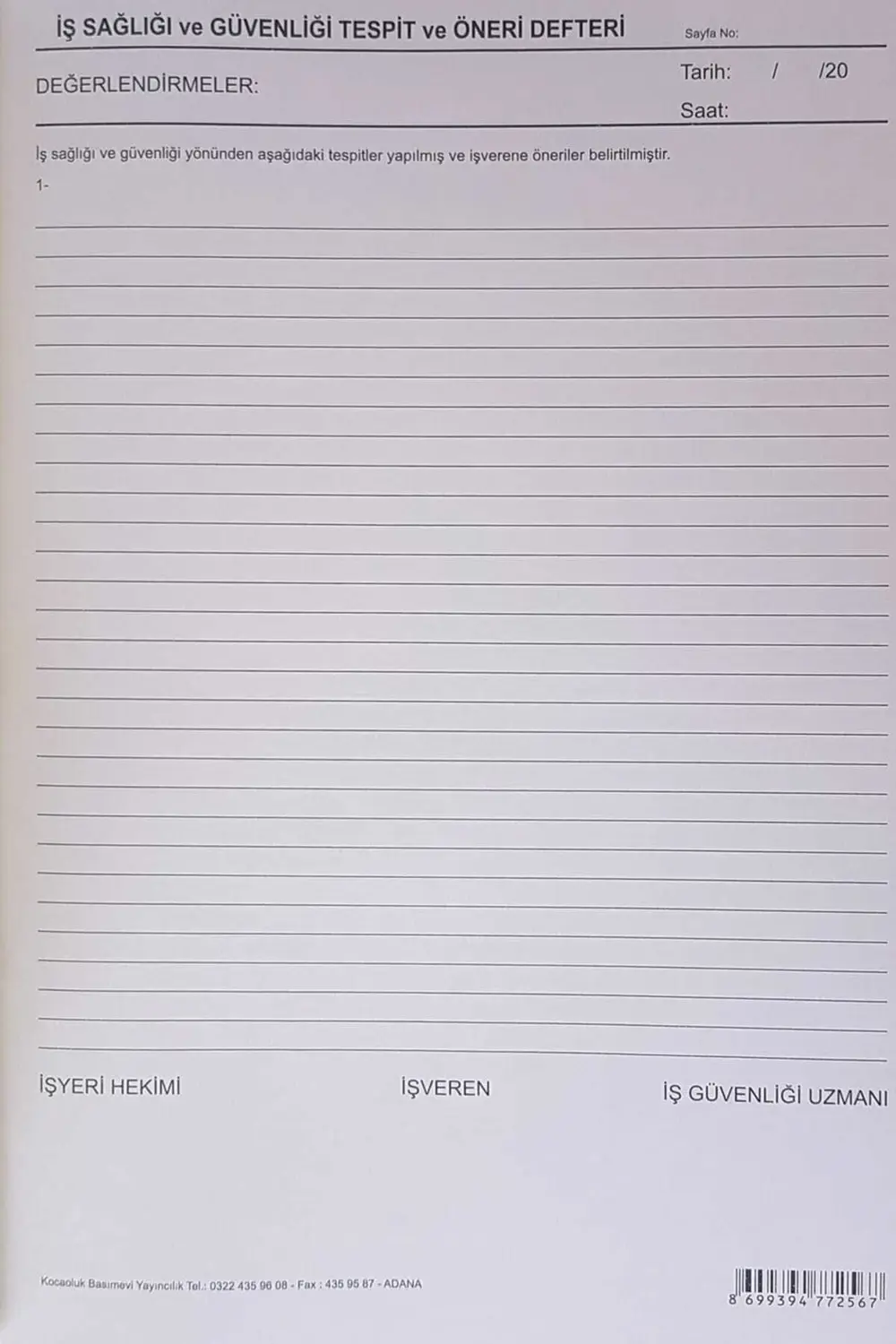 İş Sağlığı ve Güvenliği Tespit ve Öneri Defteri Cilt Kapak