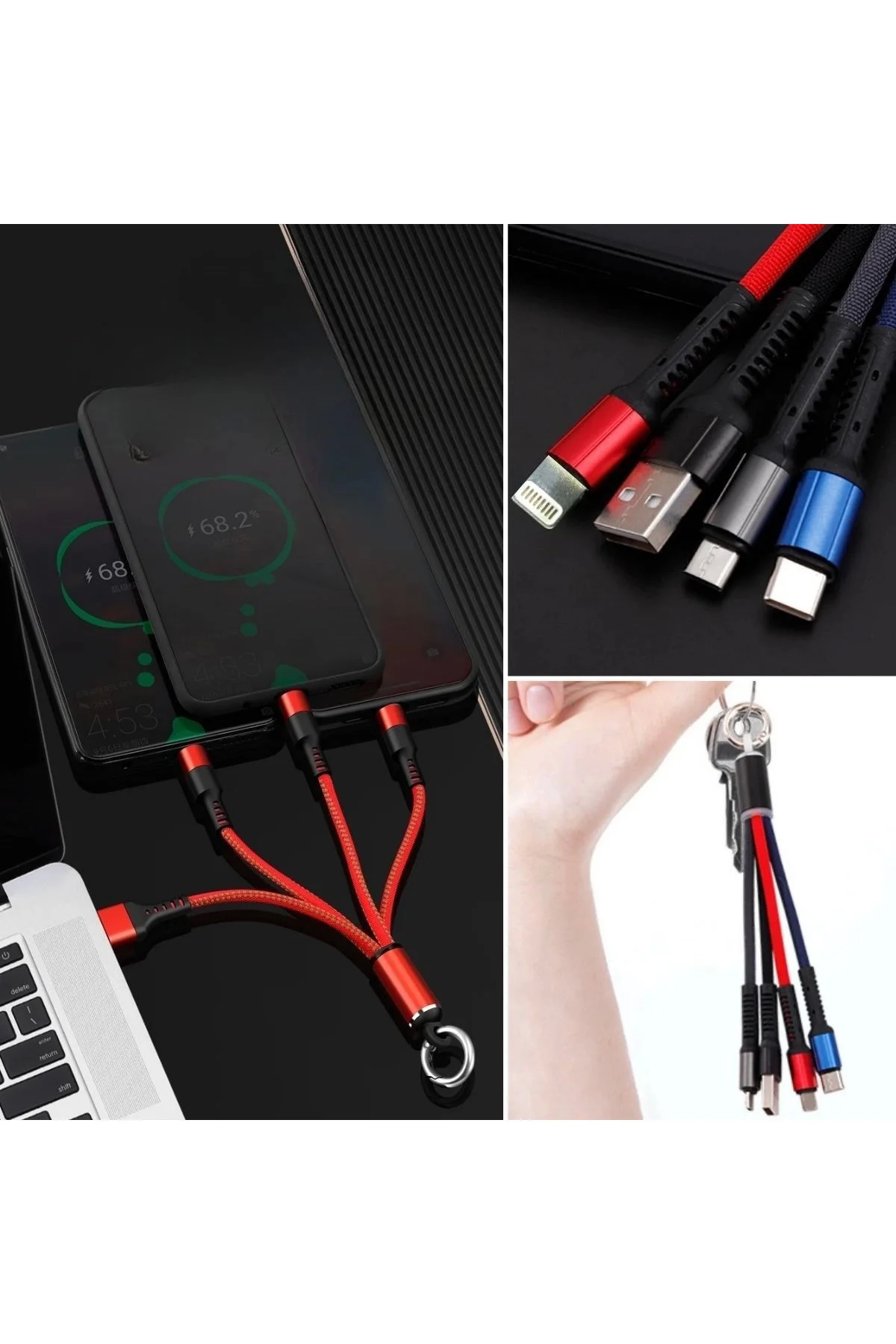 Işıklı Anahtarlık Model 3 in 1 USB Çıkışlı MİKRO,TYPE-C ve İphone Uyumlu Şarj Kablosu - Görsel 4