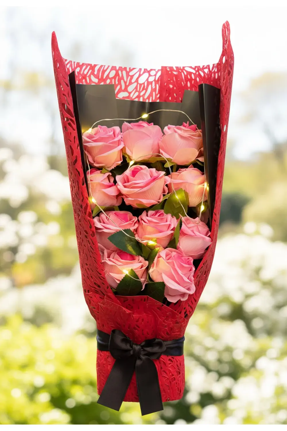 Işıklı Çiçek Buketi - Pembe Gül Buketi Işıklı - Sevgiliye Hediye