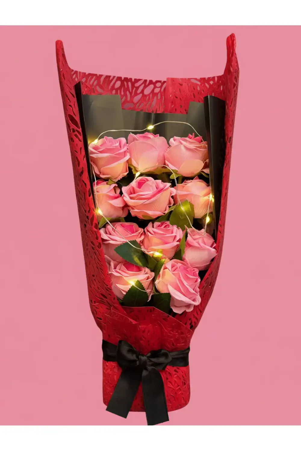Işıklı Çiçek Buketi - Pembe Gül Buketi Işıklı - Sevgiliye Hediye