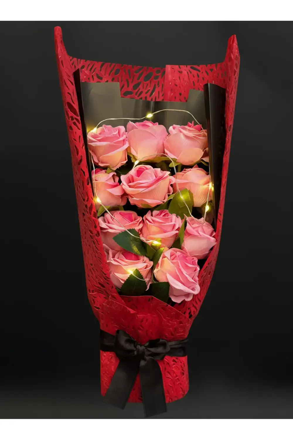 Işıklı Çiçek Buketi - Pembe Gül Buketi Işıklı - Sevgiliye Hediye