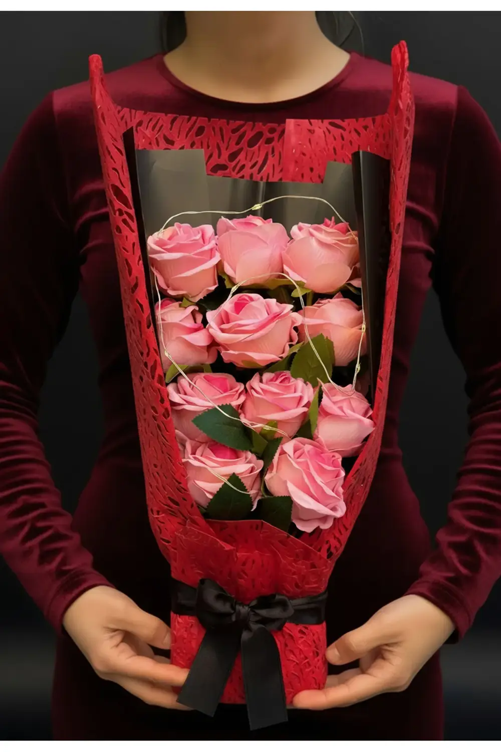 Işıklı Çiçek Buketi - Pembe Gül Buketi Işıklı - Sevgiliye Hediye