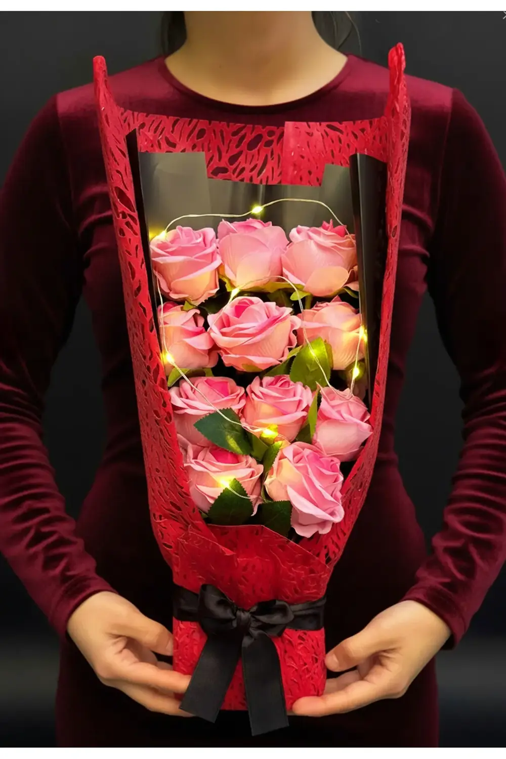 Işıklı Çiçek Buketi - Pembe Gül Buketi Işıklı - Sevgiliye Hediye