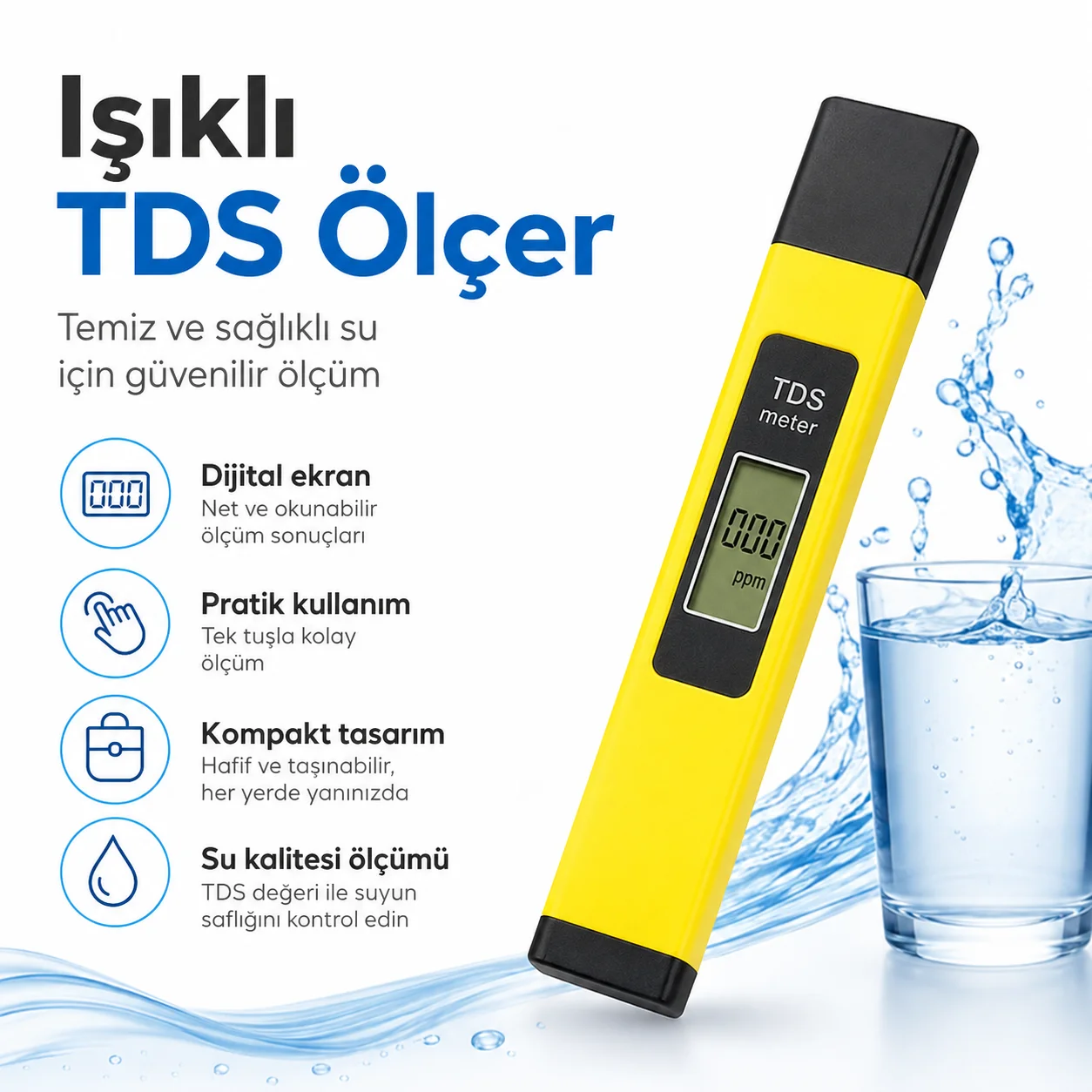 Işıklı Dijital TDS Ölçer – Su Kalitesi Test Cihazı 608506103