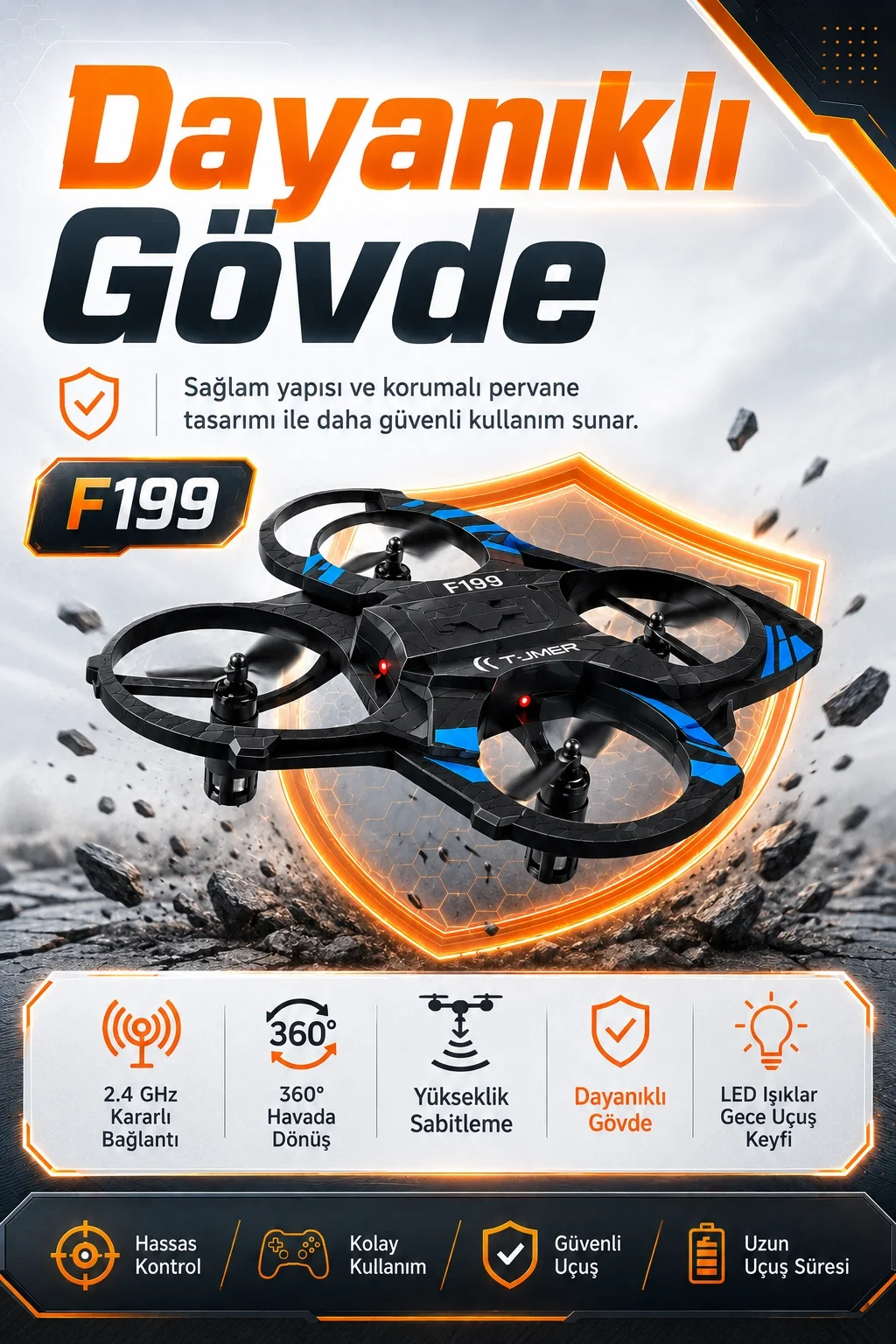 Işıklı Gövdeli Uzaktan Kumandalı Drone Oyuncak 360 Derece Takla Atabilen Uçuş Seti