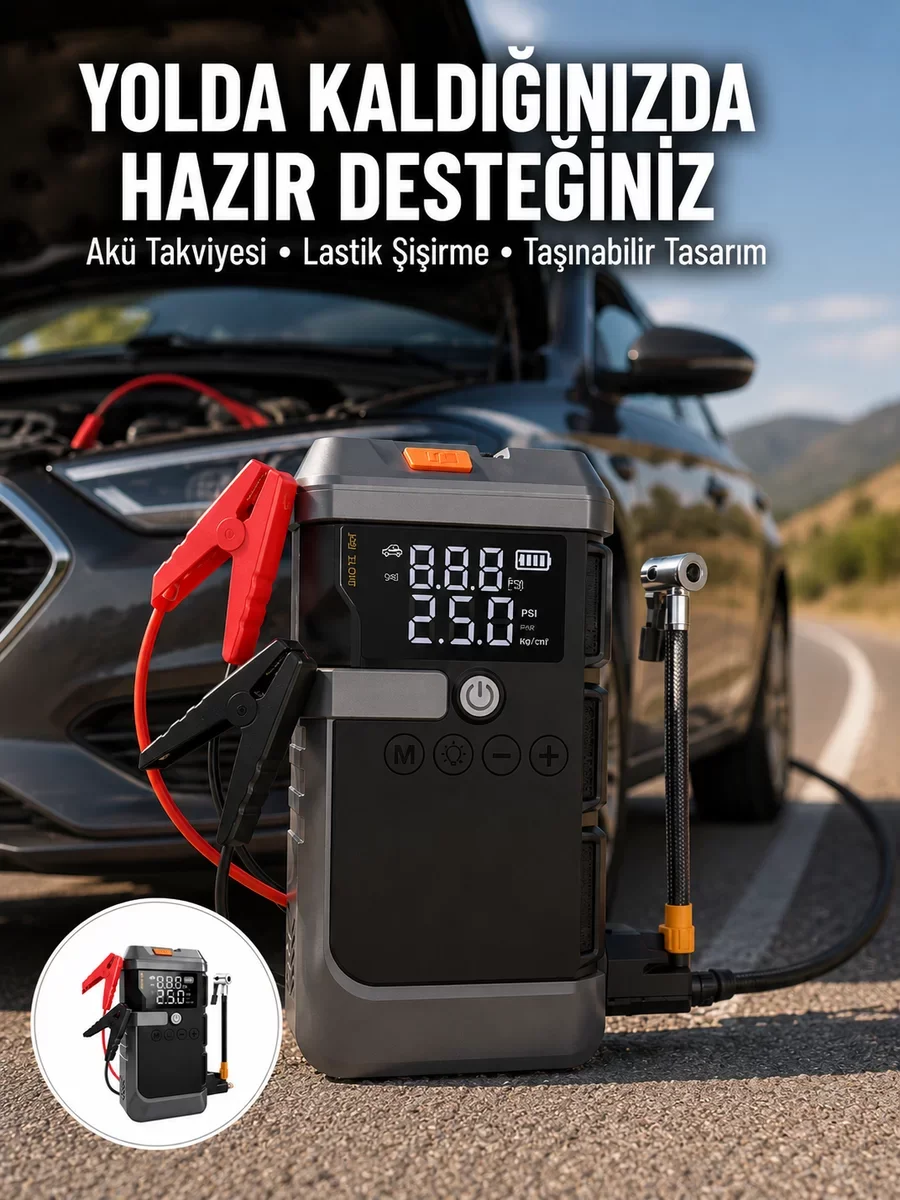 Işıklı Hava Kompresörlü Taşınabilir Akü Takviye Ünitesi - Yeni Nesil Araç Yardım Cihazı