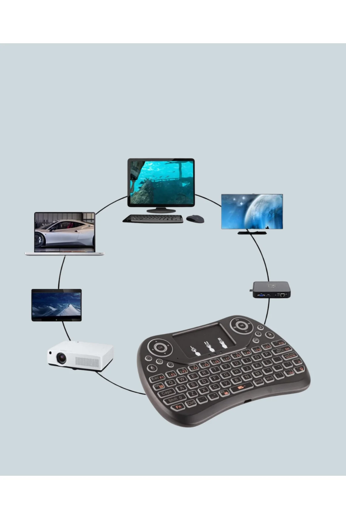 Işıklı Kablosuz Mini Klavye – 2.4 GHz, Dokunmatik Mouse Özellikli