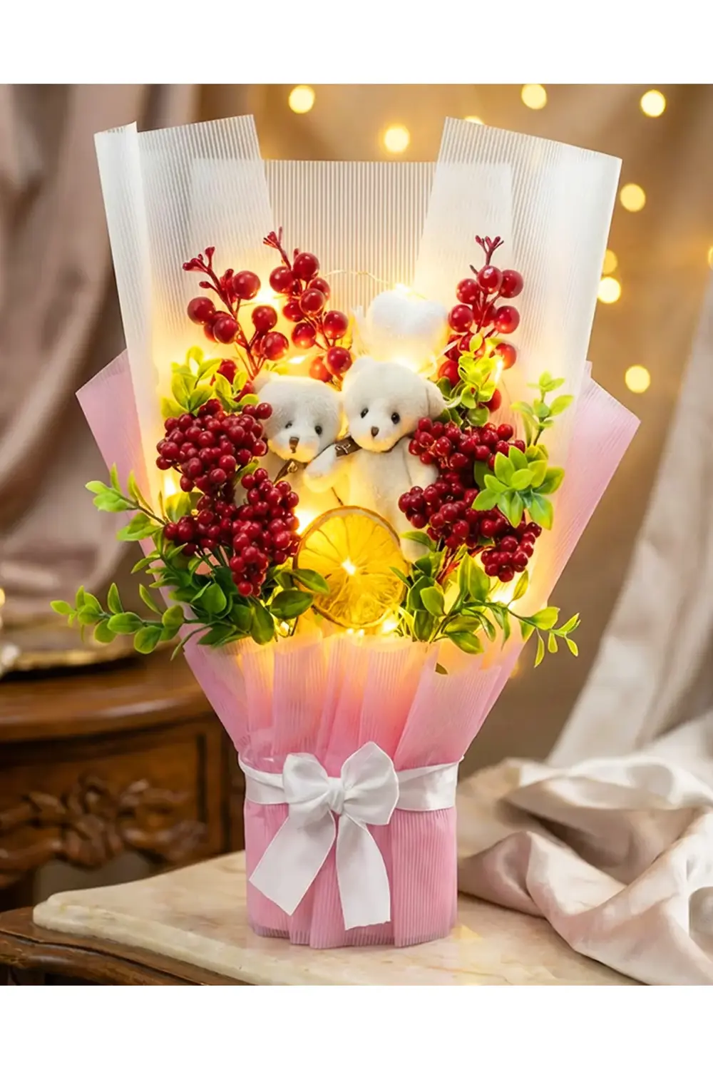 Işıklı Kokina Buket - Sevgiliye Hediye - Ayıcıklı Kokina Buketi -