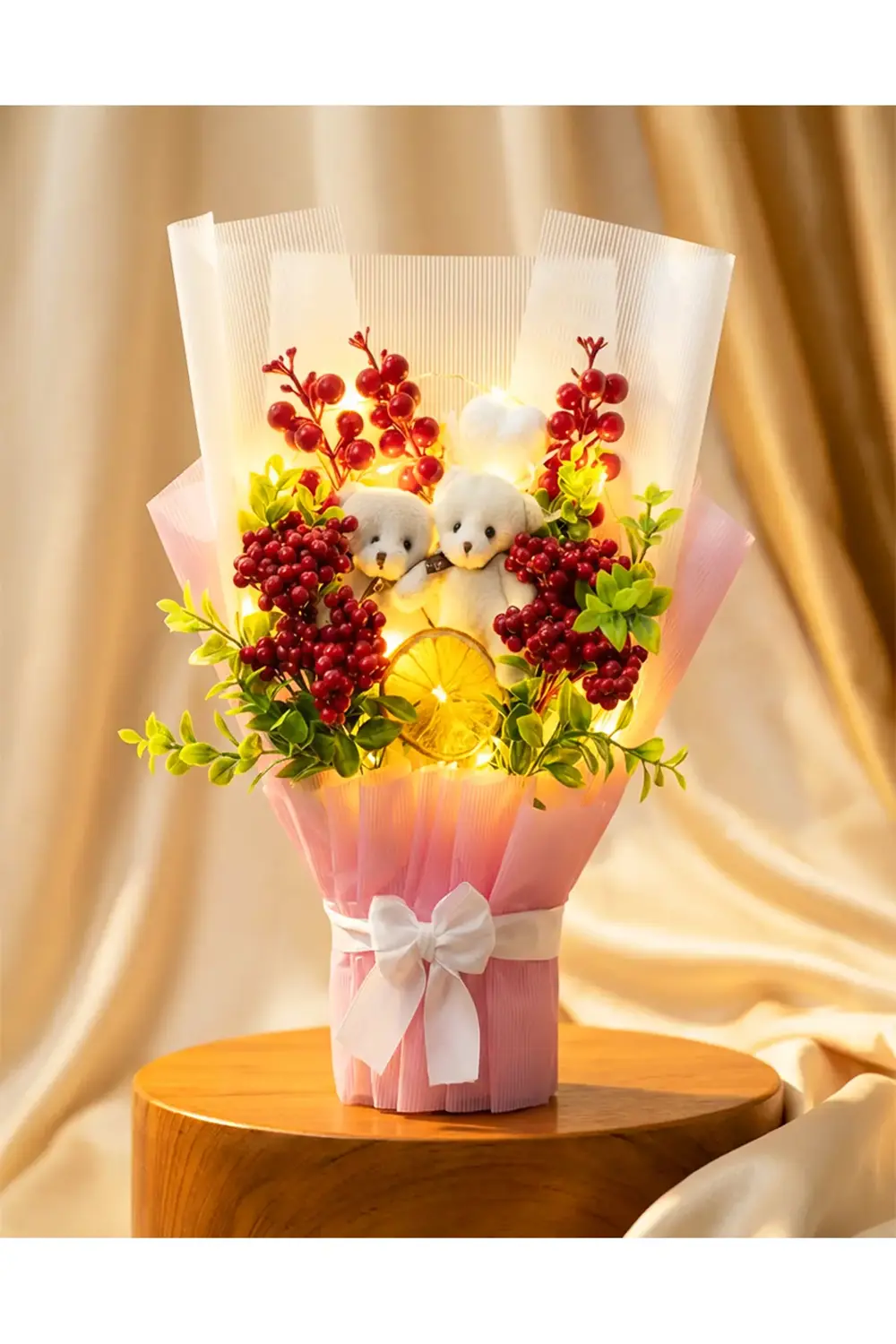 Işıklı Kokina Buket - Sevgiliye Hediye - Ayıcıklı Kokina Buketi -