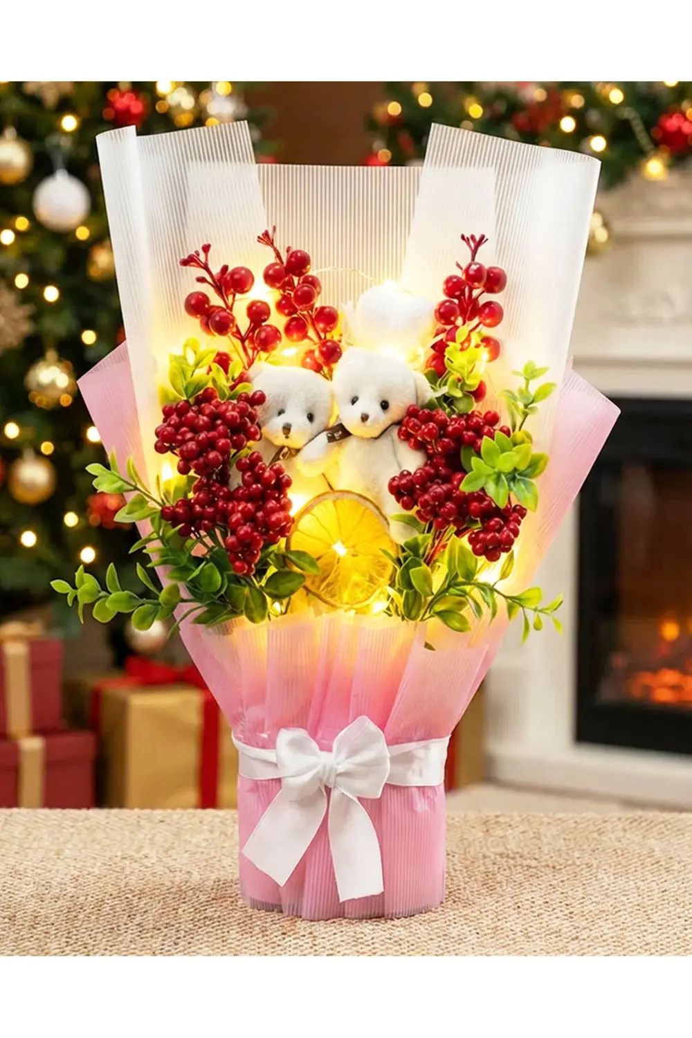 Işıklı Kokina Buket - Sevgiliye Hediye - Ayıcıklı Kokina Buketi -
