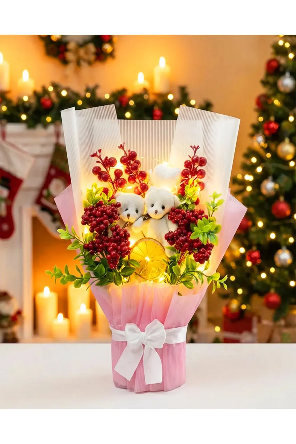 Işıklı Kokina Buket - Sevgiliye Hediye - Ayıcıklı Kokina Buketi -