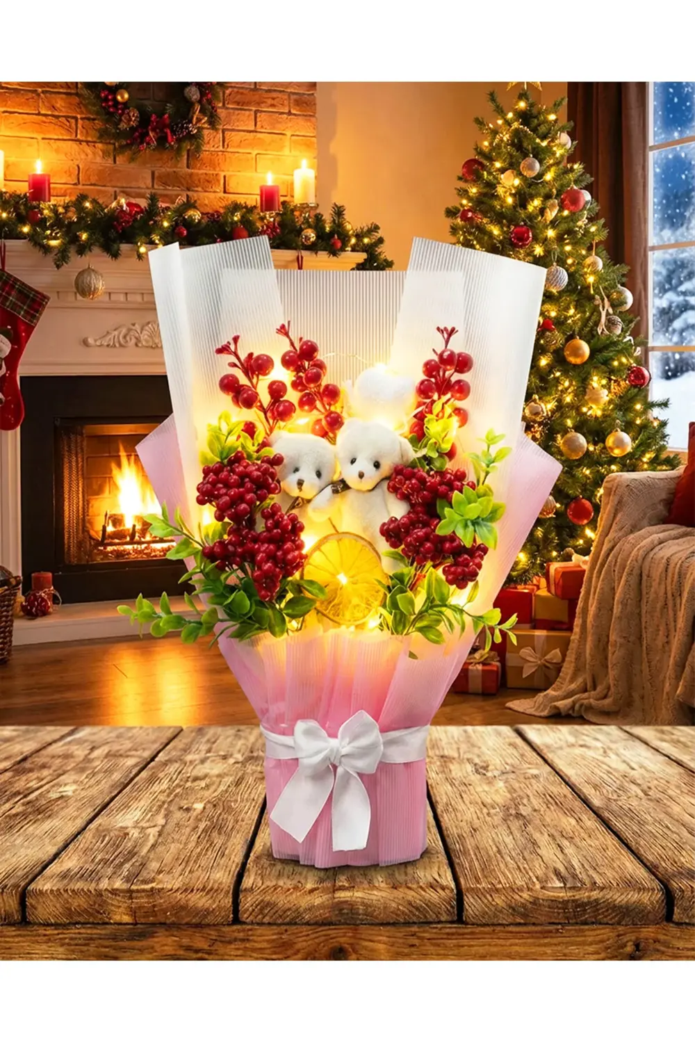 Işıklı Kokina Buket - Sevgiliye Hediye - Ayıcıklı Kokina Buketi -