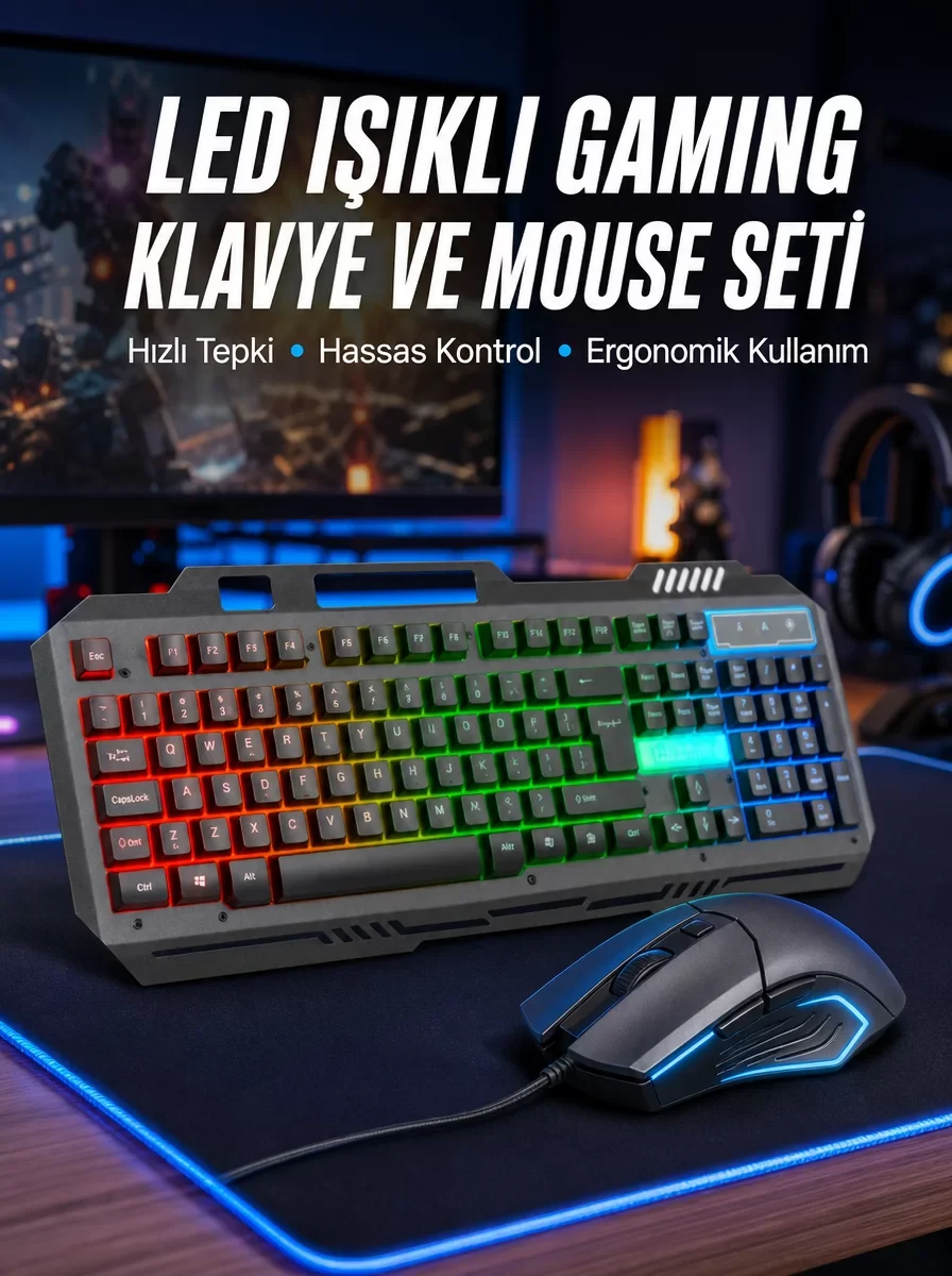 Işıklı Mekanik Gaming Oyuncu Klavye Mouse Seti Siyah Yeni Nesil PG8018