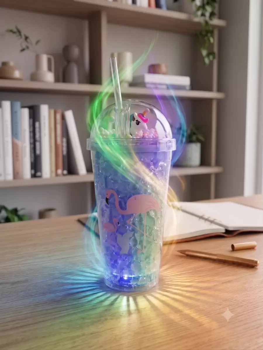 Işıklı Unicorn Flamingo Pipetli Bardak - 450ml Çift Katmanlı Jel Buzlu LED Renk Değiştiren