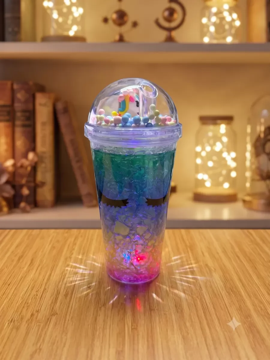 Işıklı Unicorn Tasarımlı RGB LED Pipetli Bardak - Renk Değiştiren Sihirli Kupa
