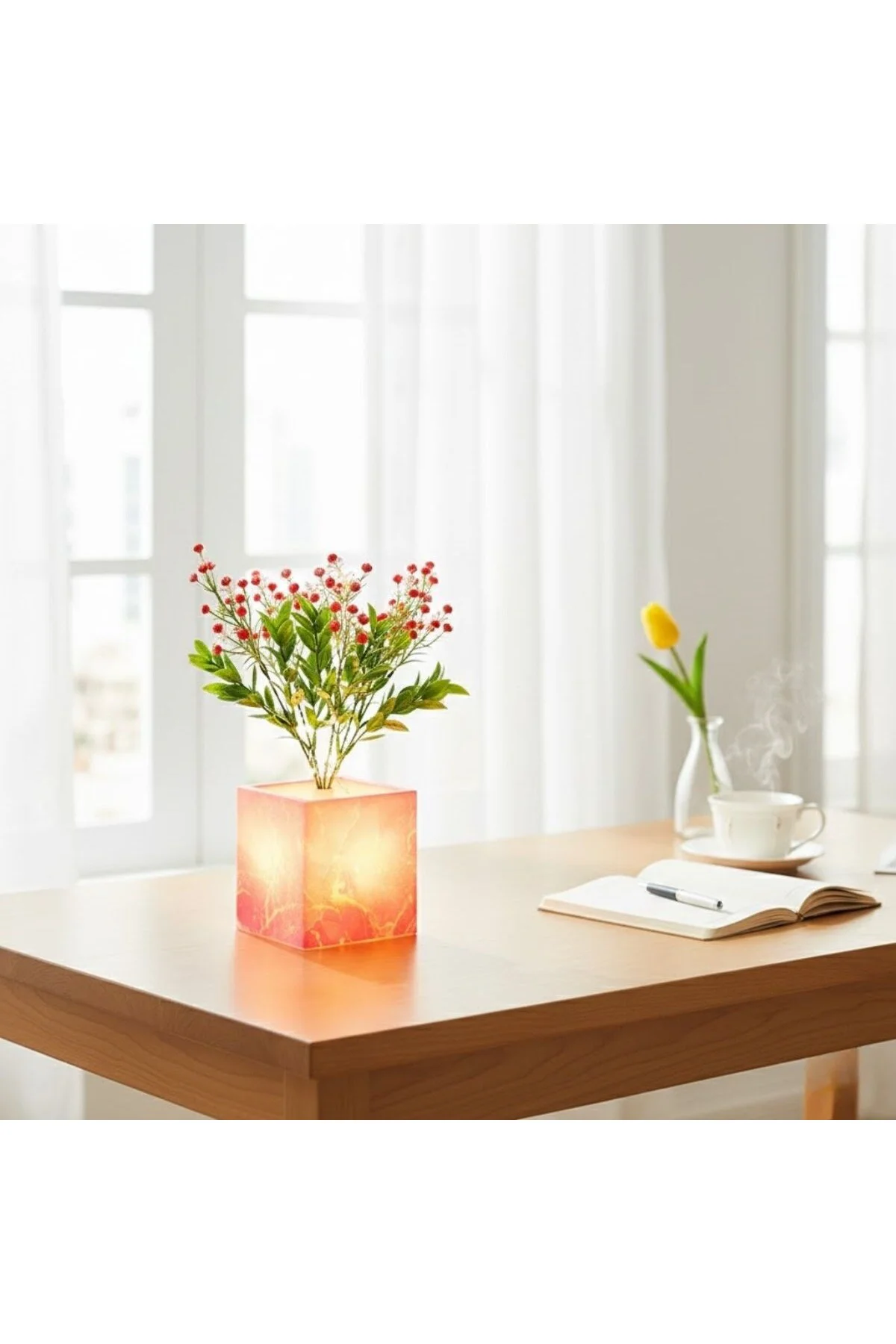 Işıklı Yapay Çiçek–Pembe Saksılı LED Dekoratif Bitki, Masaüstü ve