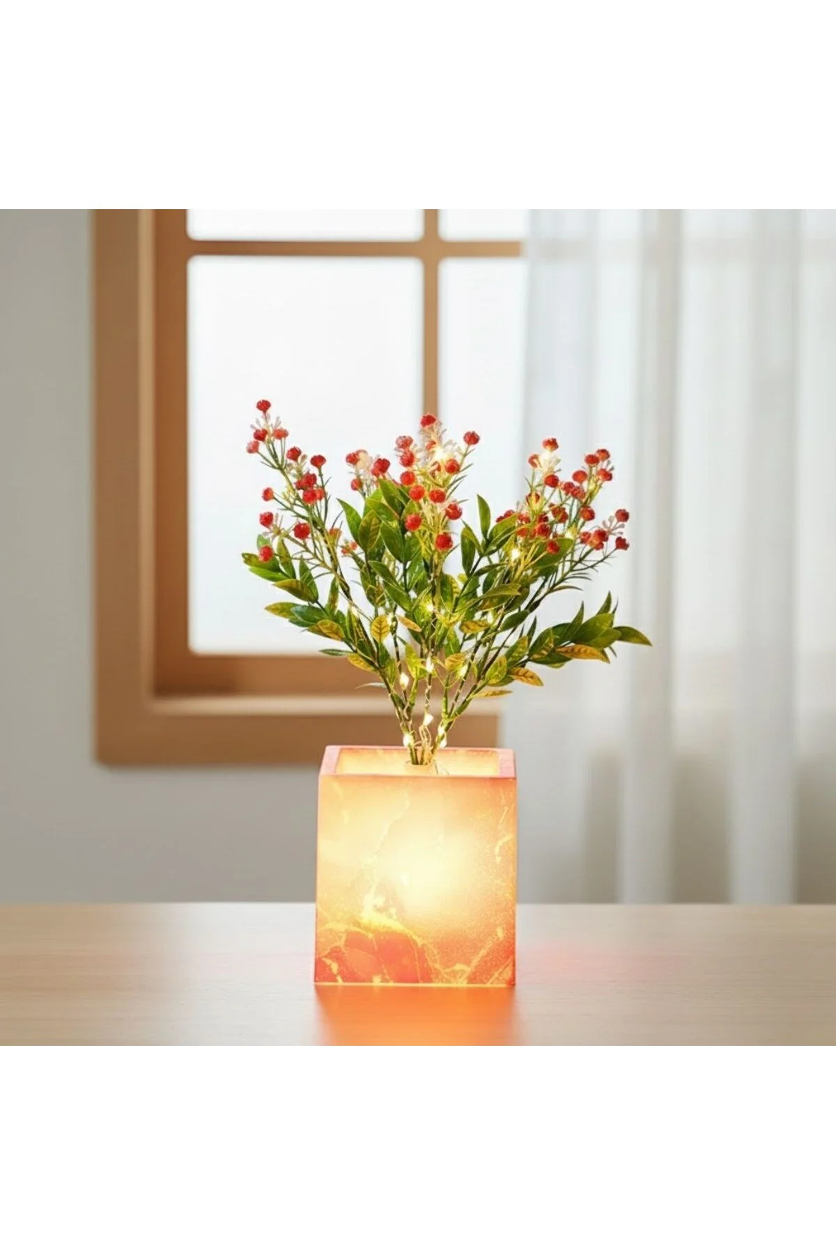 Işıklı Yapay Çiçek–Pembe Saksılı LED Dekoratif Bitki, Masaüstü ve
