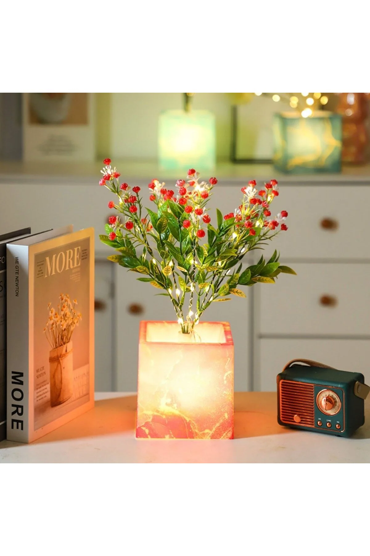 Işıklı Yapay Çiçek–Pembe Saksılı LED Dekoratif Bitki, Masaüstü ve