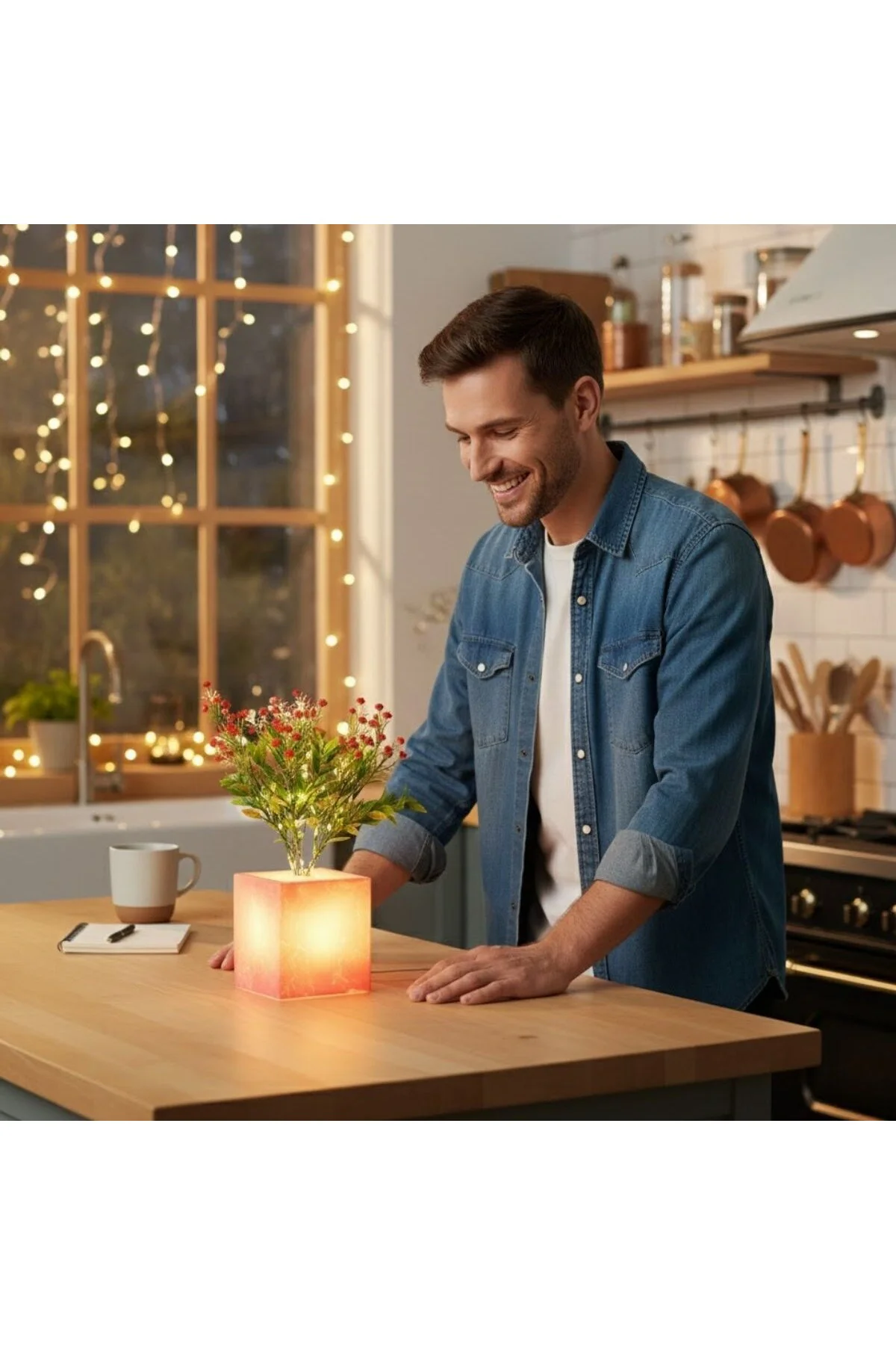 Işıklı Yapay Çiçek–Pembe Saksılı LED Dekoratif Bitki, Masaüstü ve