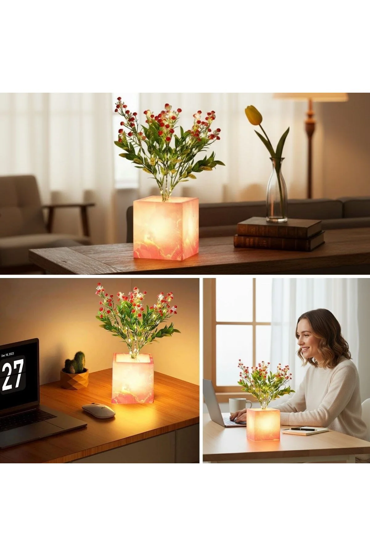Işıklı Yapay Çiçek–Pembe Saksılı LED Dekoratif Bitki, Masaüstü ve