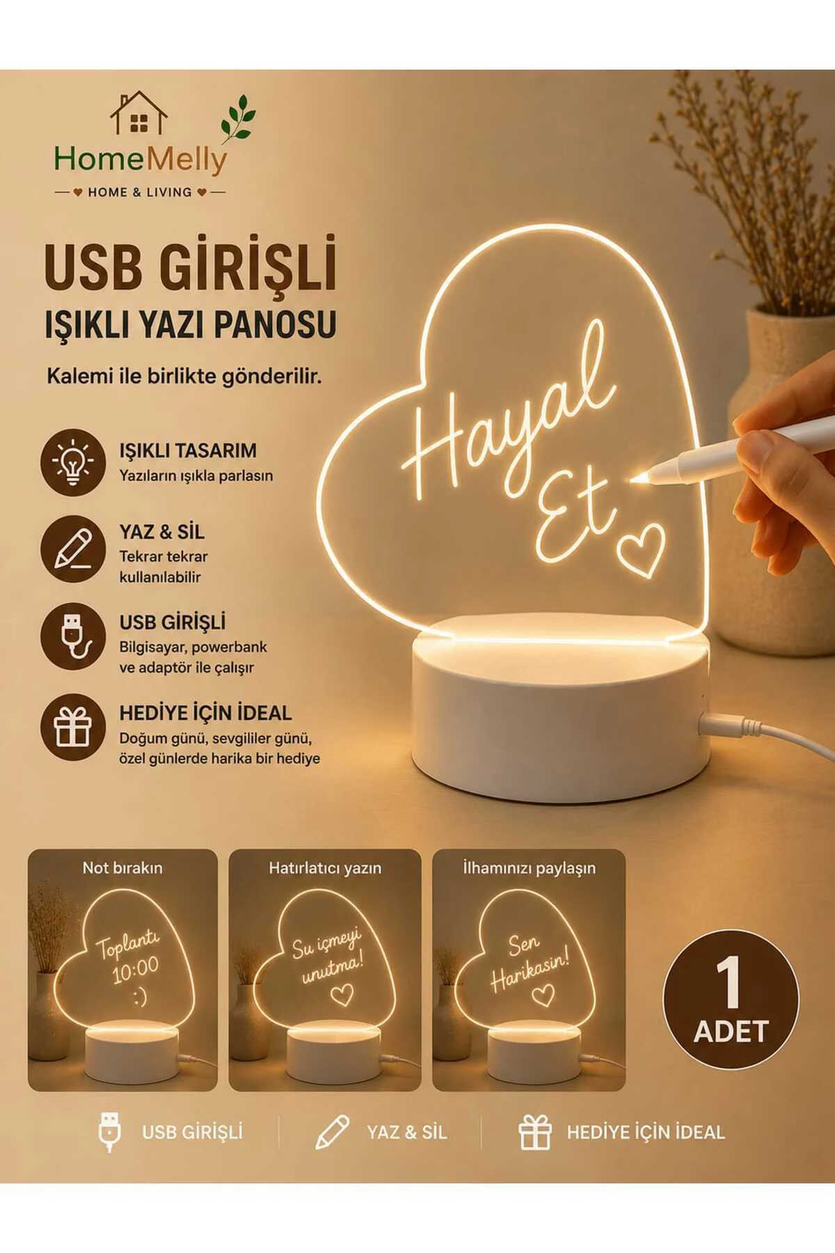Işıklı Yazı Panosu Dekoratif Kişiselleştirilebilir, Ledli Masa Üstü Gece Lambası