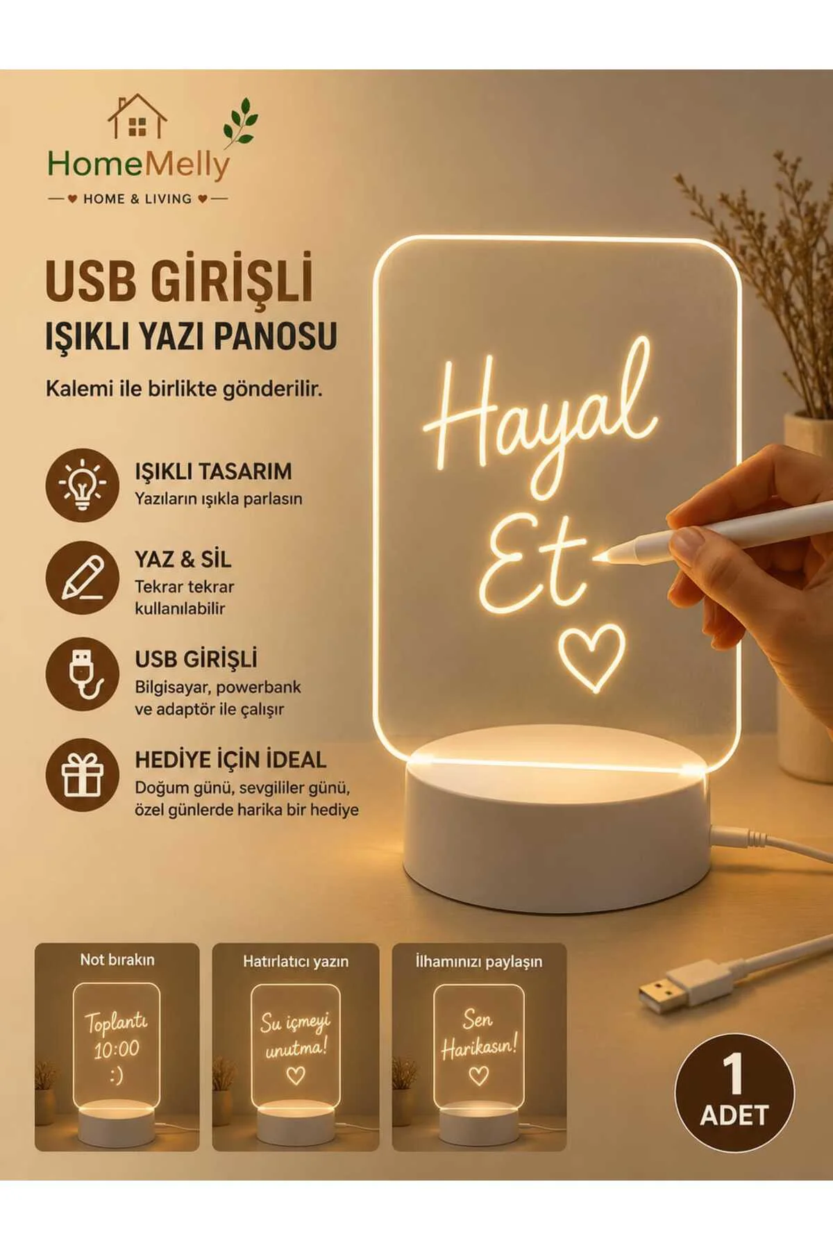 Işıklı Yazı Panosu Dekoratif Kişiselleştirilebilir, Ledli Masa Üstü Gece Lambası