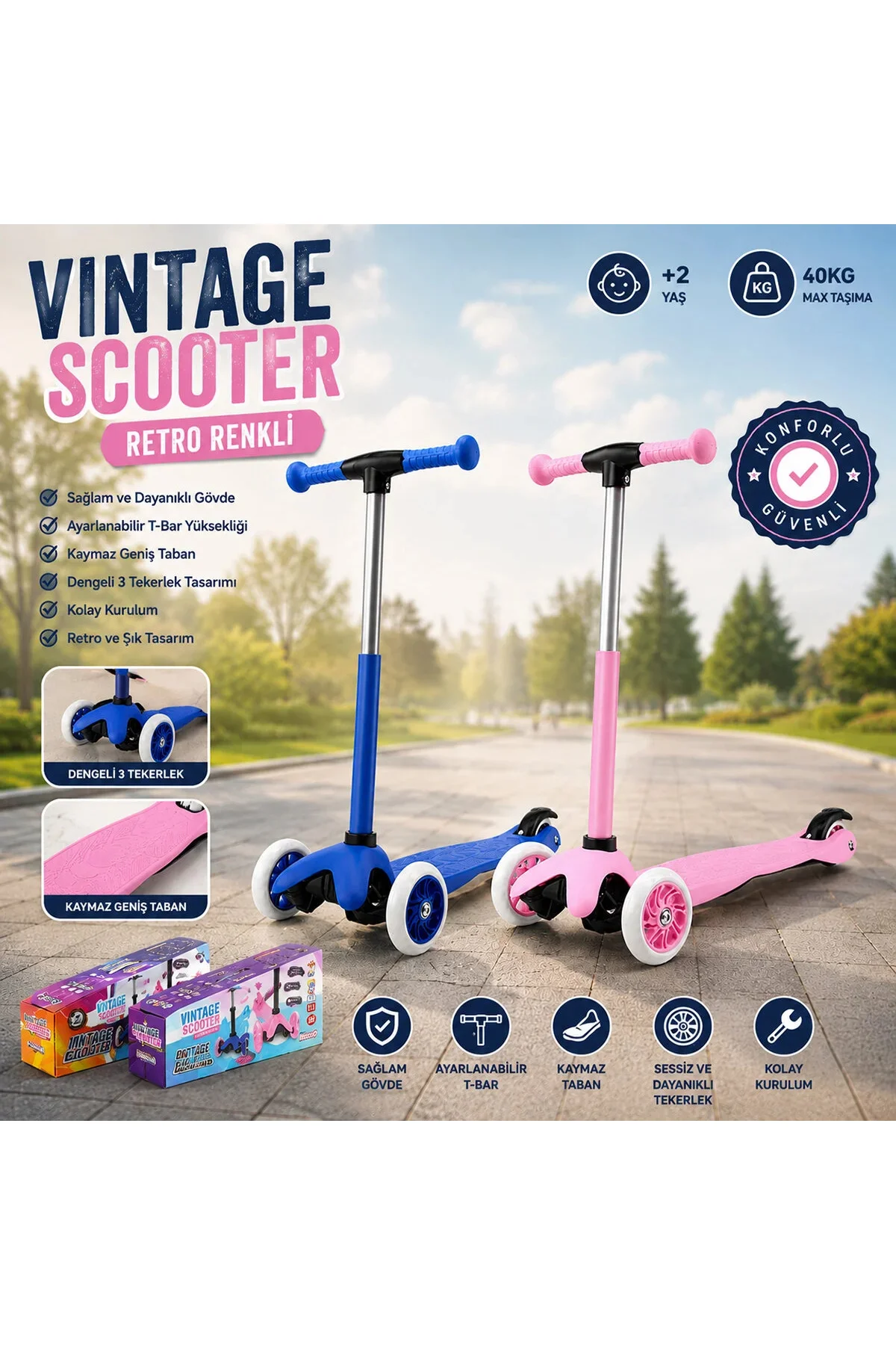 Işıksız Vıntage Scooter 55X57-64-71CM Retro Renkli +2 Yaş - 40KG Max Taşıma Herhangi Bir Renk Gönder