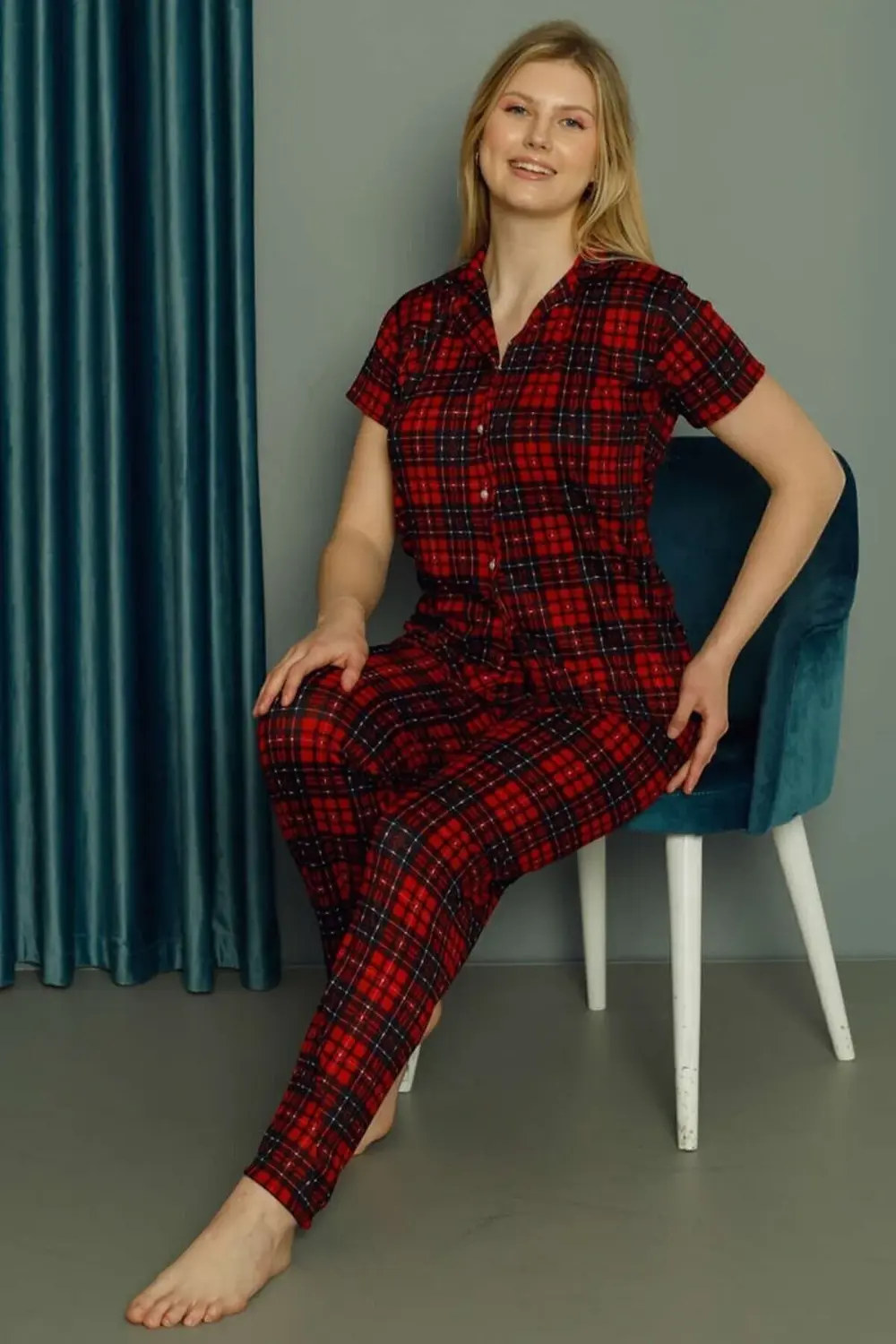 IŞILAY Kısa Kollu Yazlık Boydan Düğmeli Ekoseli Kadın Pijama Takı