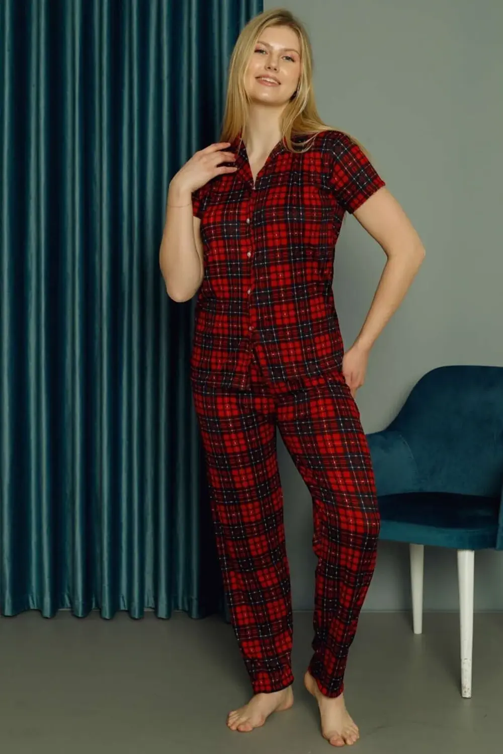 IŞILAY Kısa Kollu Yazlık Boydan Düğmeli Ekoseli Kadın Pijama Takı