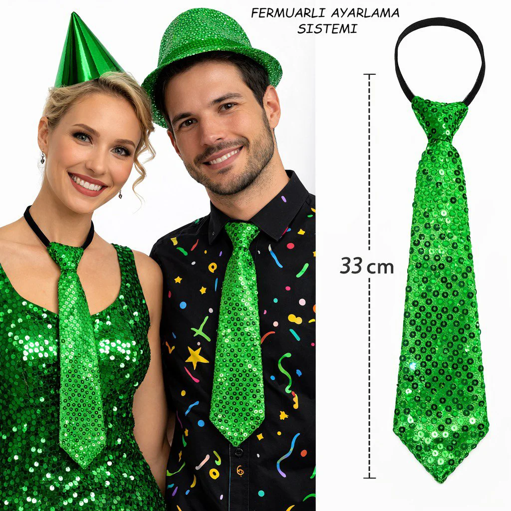 Işıltılı Yeşil Pul Payetli Parti Kravatı 33 cm