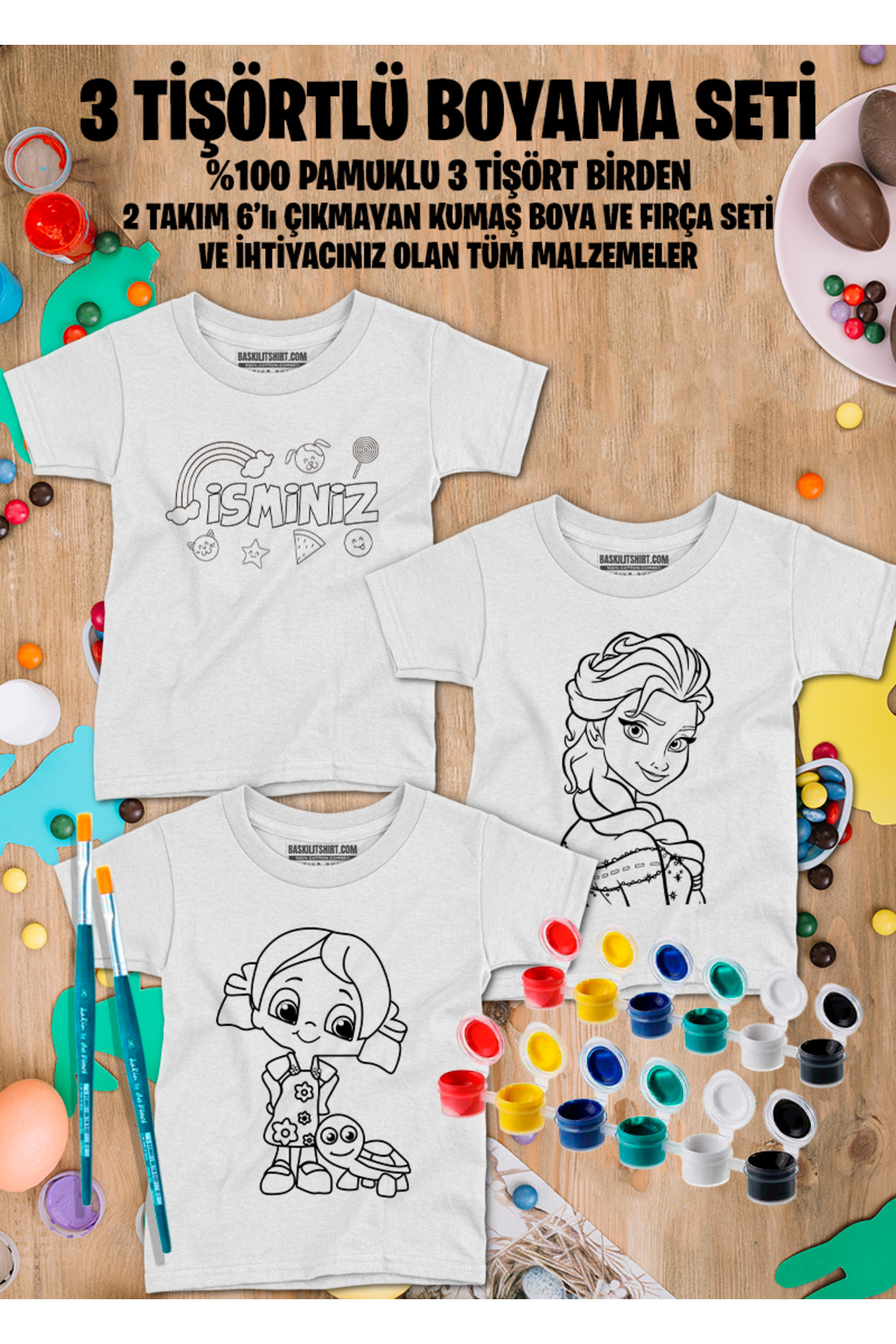 İsim Yazılan 3 Tişörtlü Boyama Seti – Çocuk Full Set Fırçalı, Kre