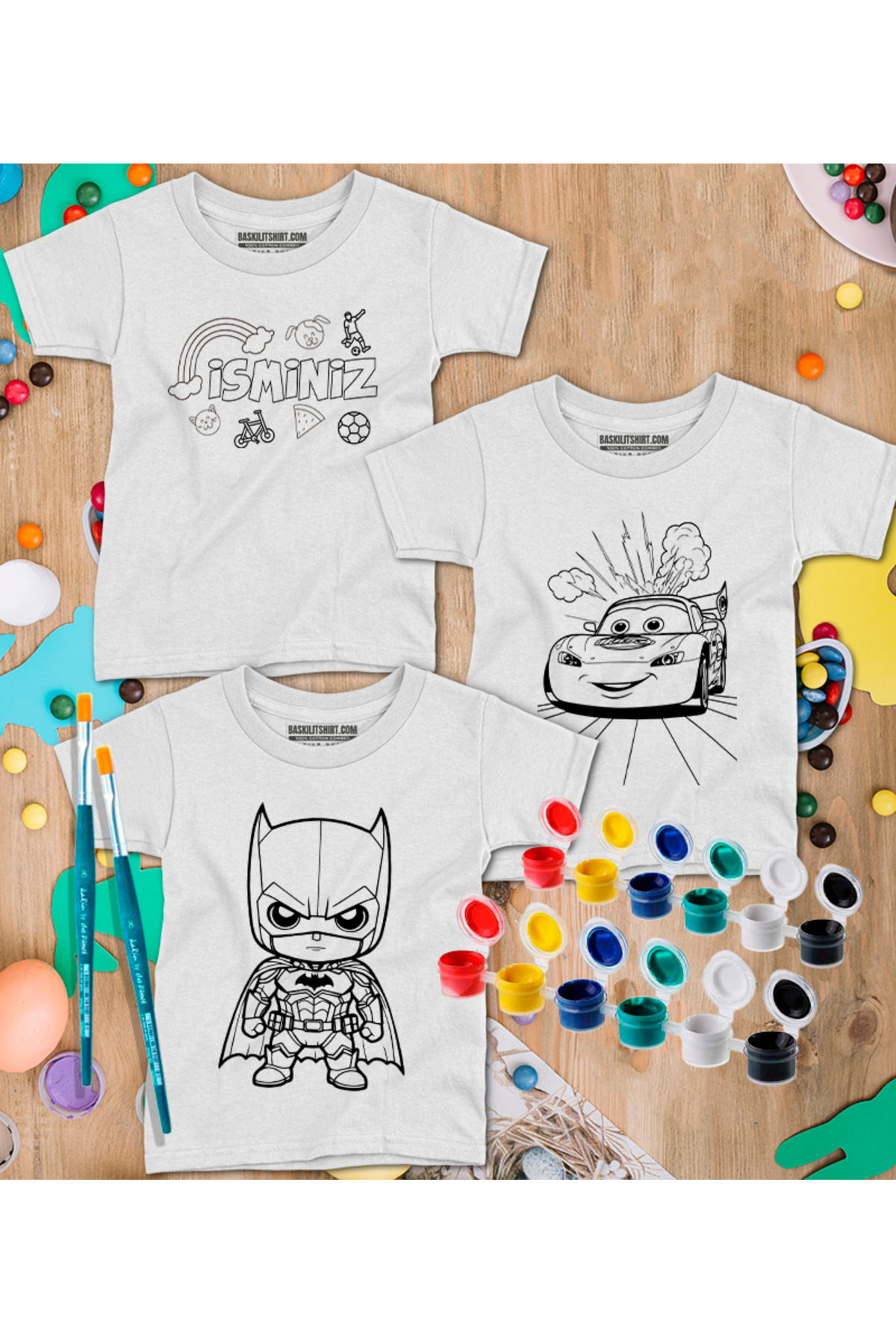 İsim Yazılan 3 Tişörtlü Boyama Seti – Çocuk Full Set Fırçalı, Kre