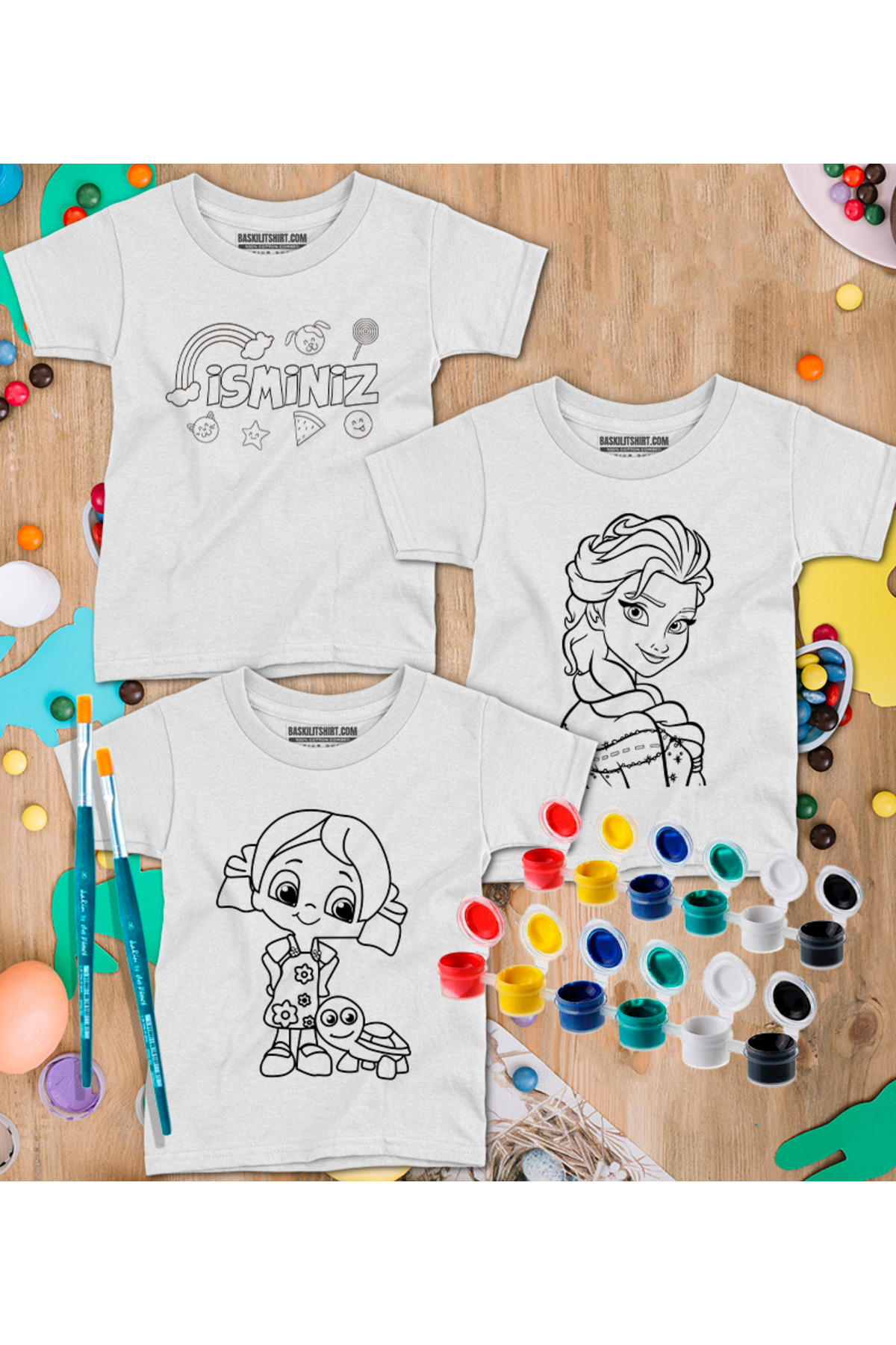 İsim Yazılan 3 Tişörtlü Boyama Seti – Çocuk Full Set Fırçalı, Kre