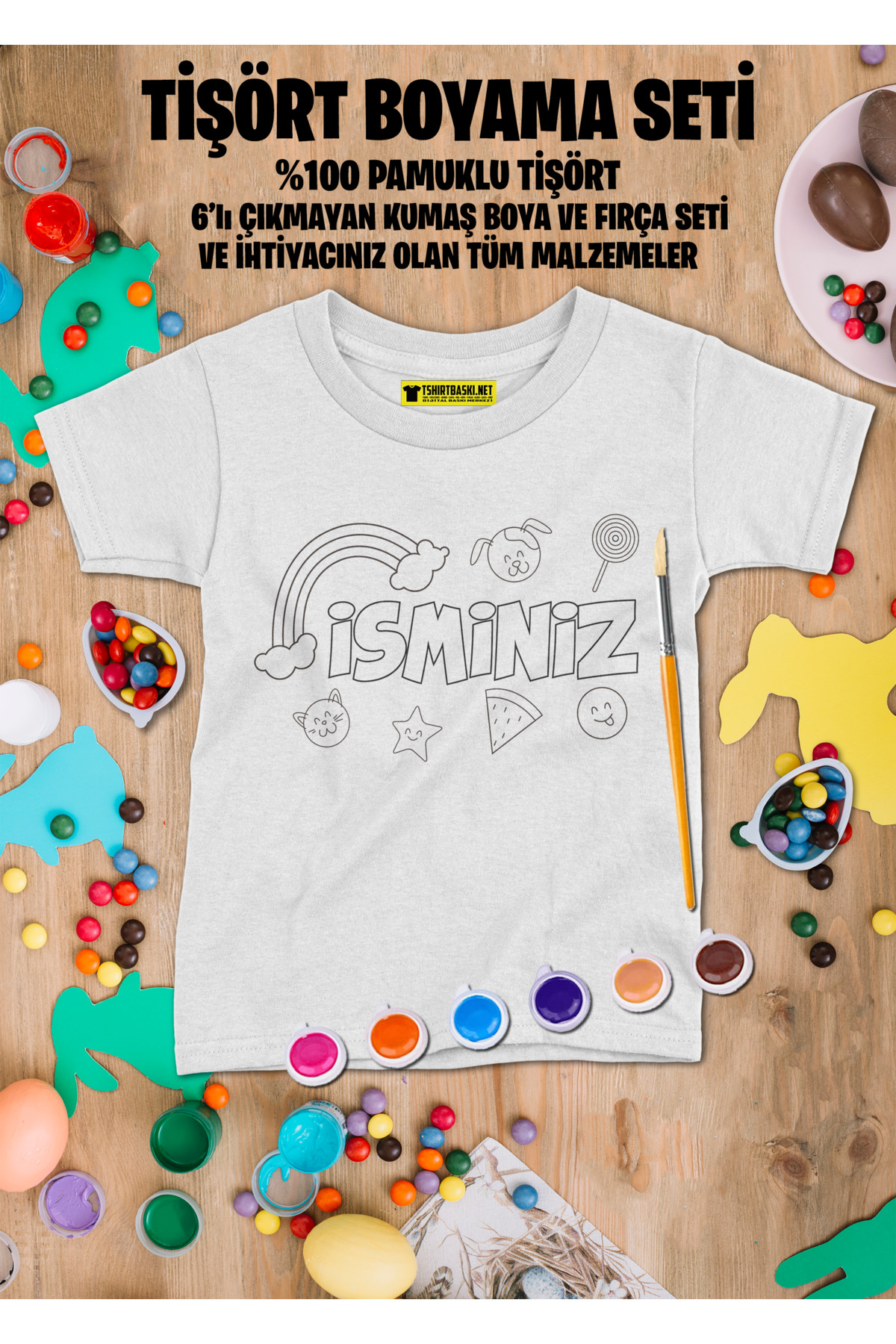 İsim Yazılan 3 Tişörtlü Boyama Seti – Çocuk Full Set Fırçalı, Kre