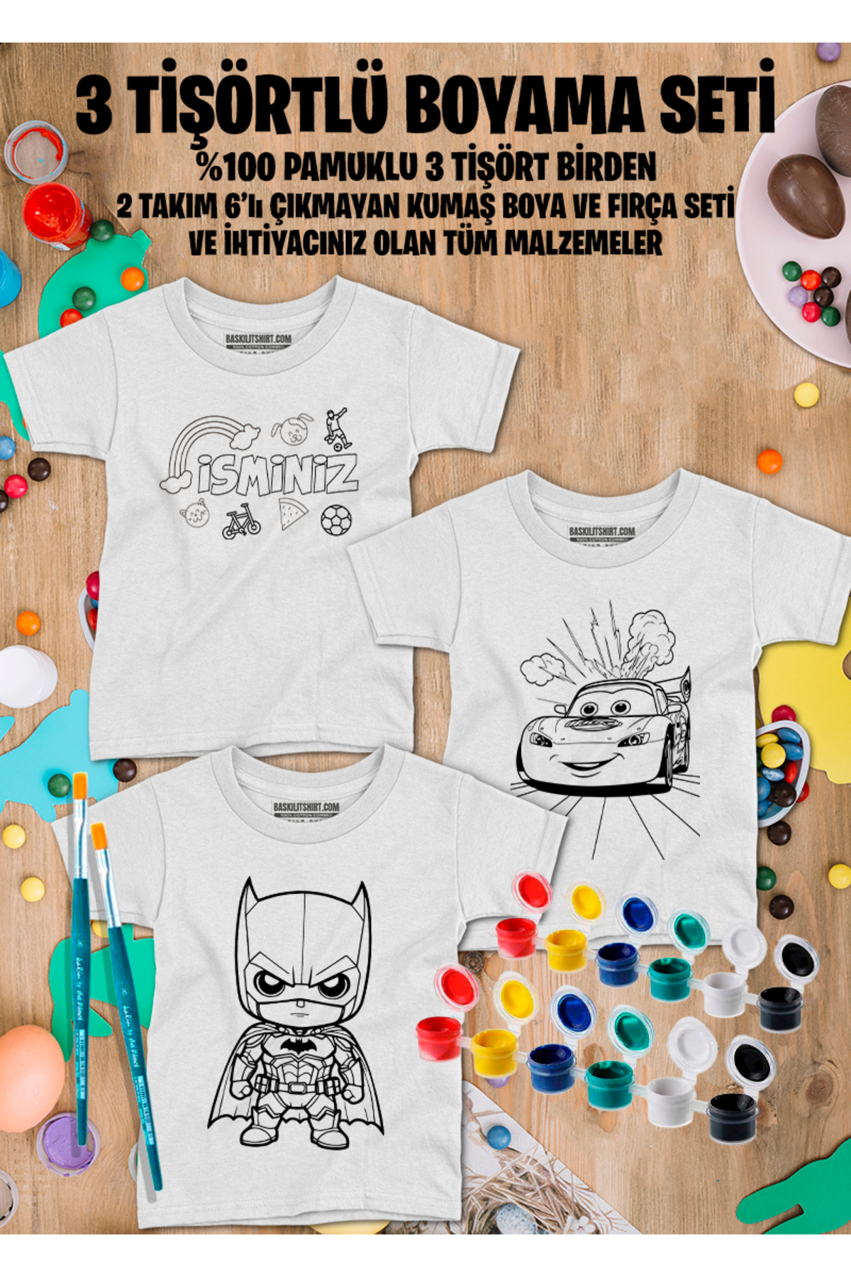İsim Yazılan 3 Tişörtlü Boyama Seti – Çocuk Full Set Fırçalı, Kre