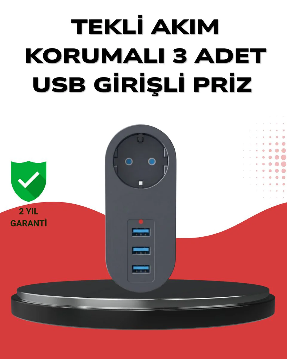 Isıya Dayanıklı 3 USB Portlu Güvenlikli Priz - Akıllı Enerji Yönetimi