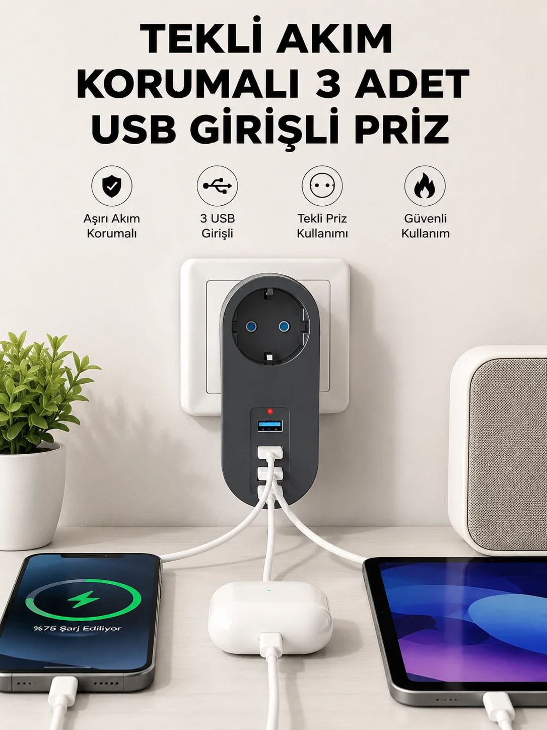 Isıya Dayanıklı 3 USB Portlu Güvenlikli Priz – Akıllı Enerji Yönetimi