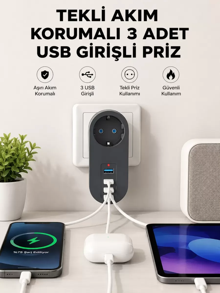 Isıya Dayanıklı 3 USB Portlu Güvenlikli Priz – Akıllı Enerji Yönetimi - Lisinya