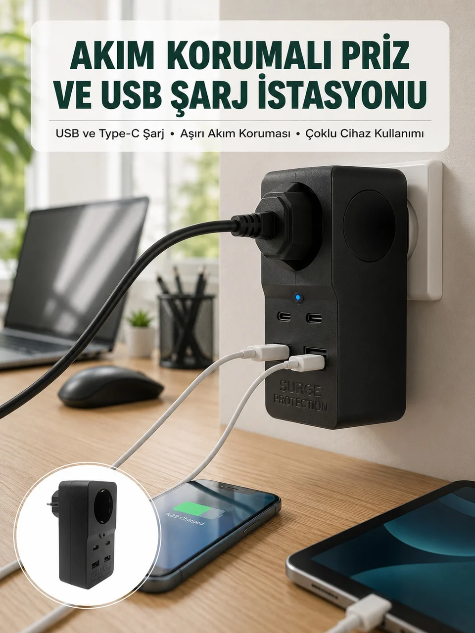 Isıya Dayanıklı Pc Gövdeli Akım Korumalı Priz 4 Usb Yeni Nesil - Lisinya Diğer