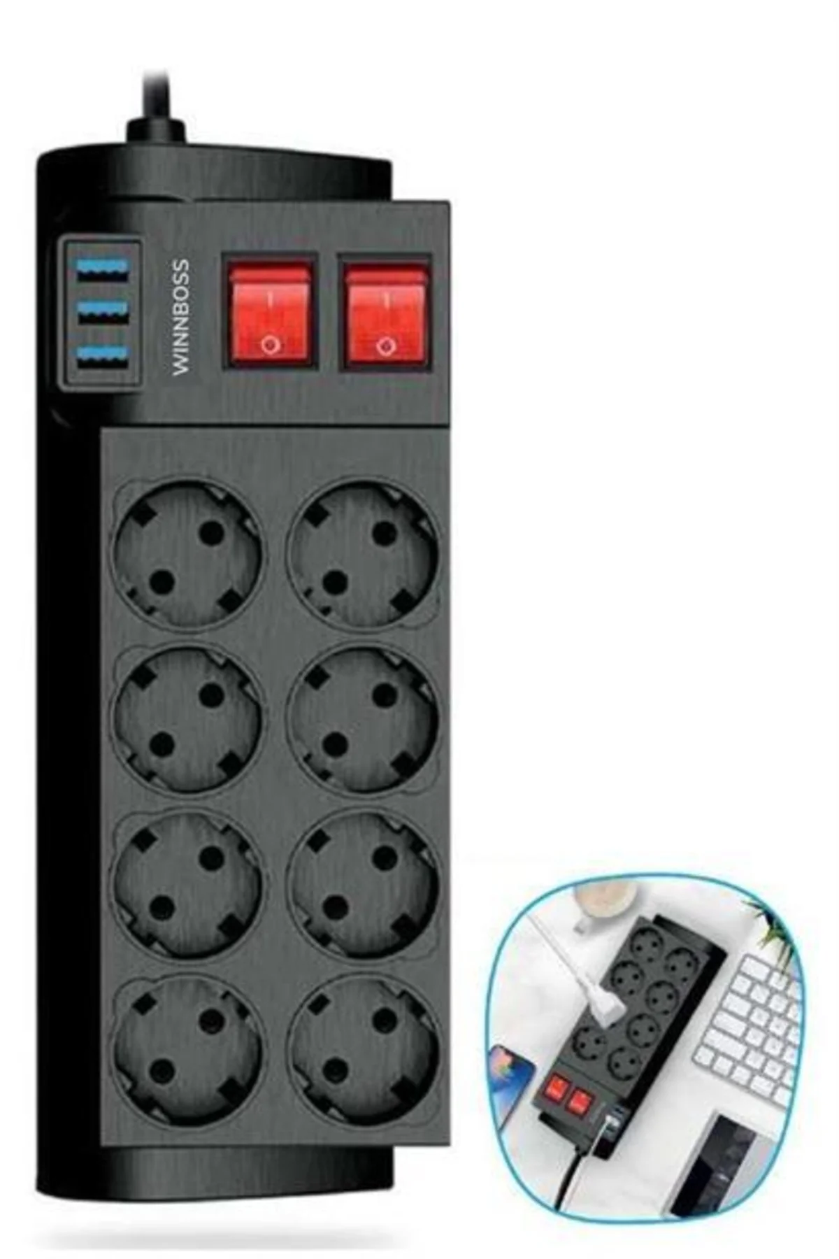 Isıya Dayanıklı Termal Akım Korumalı 2 Metre 16A 4000W 8li Priz v
