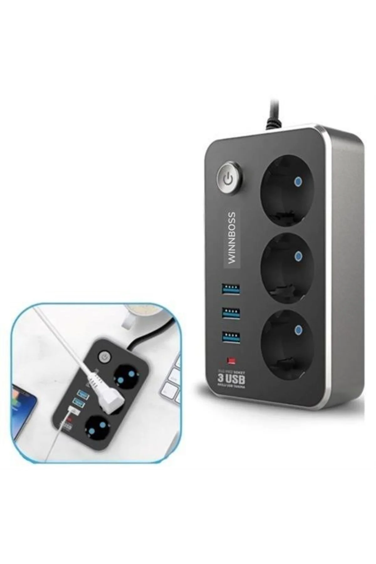 Isıya Dayanıklı Termal Akım Korumalı 2 Mt 10A 2500W 3lü Priz ve 3