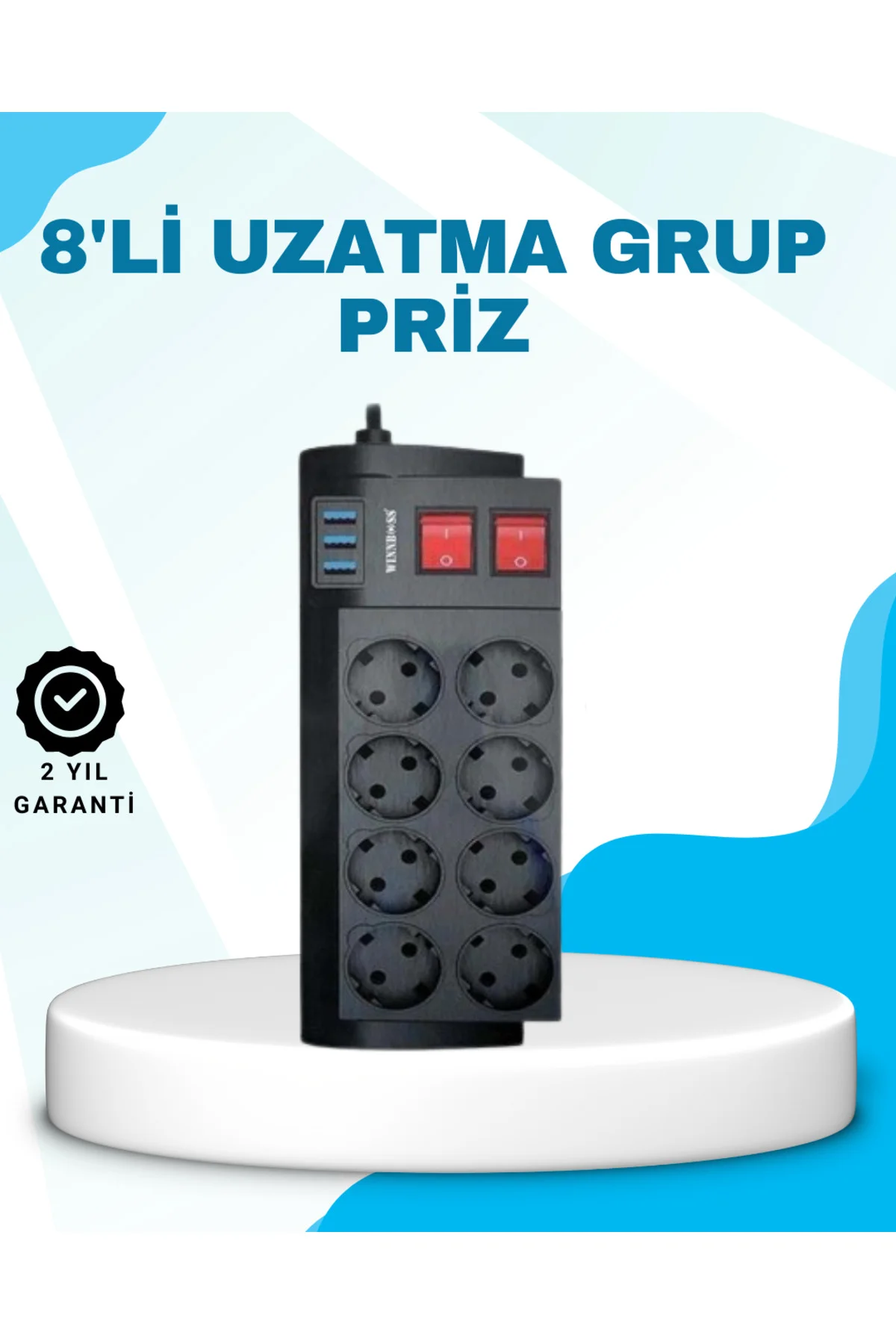 Isıya Dayanıklı Termal Akım Korumalı 8'Li Priz Ve 3 Usb Girişli Uzatma Kablosu