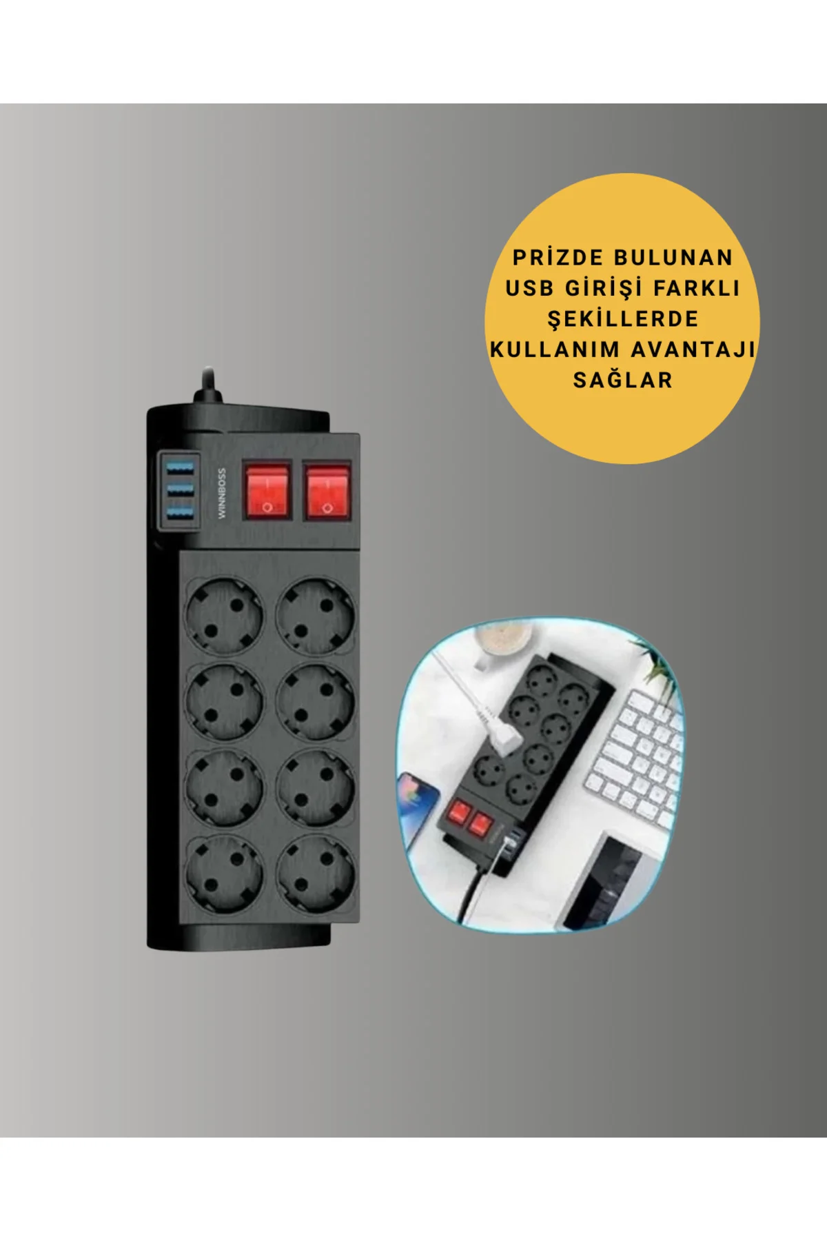 Isıya Dayanıklı Termal Akım Korumalı 8'Li Priz Ve 3 Usb Girişli Uzatma Kablosu